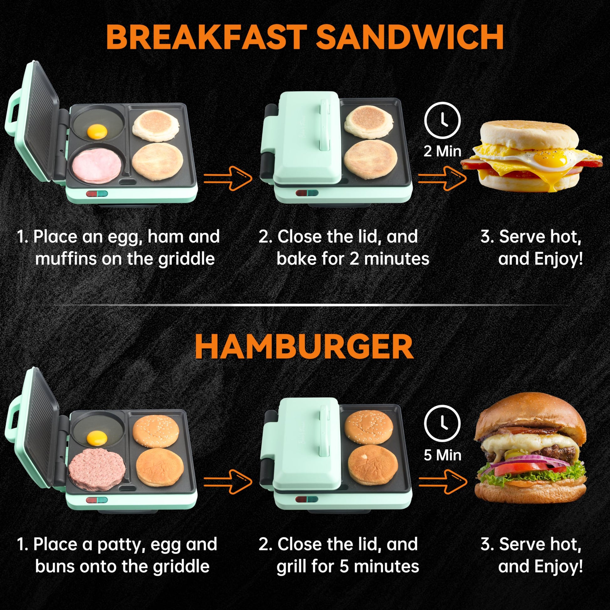 Baker's Friend - Sandwichera de desayuno, combo parrilla y parrilla eléctrica antiadherente, 3 en 1, sándwiches, hamburguesas, hot dogs, hot cakes, incluye prensa de hamburguesas, pinzas y cepillo