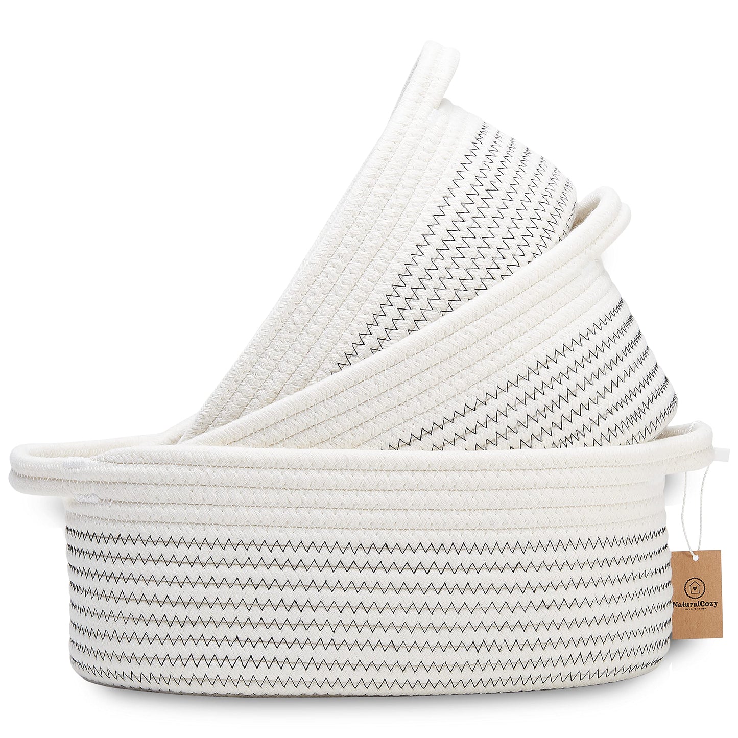 NaturalCozy 3-Piece Cotton Rope Baskets with Handles - 100% Natural Cotton! Oval Woven Storage Basket Set, Toy Basket, Small Soft Baby Nursery Baskets, Cat Dog Toy Baskets, Gift (Black Stitching)