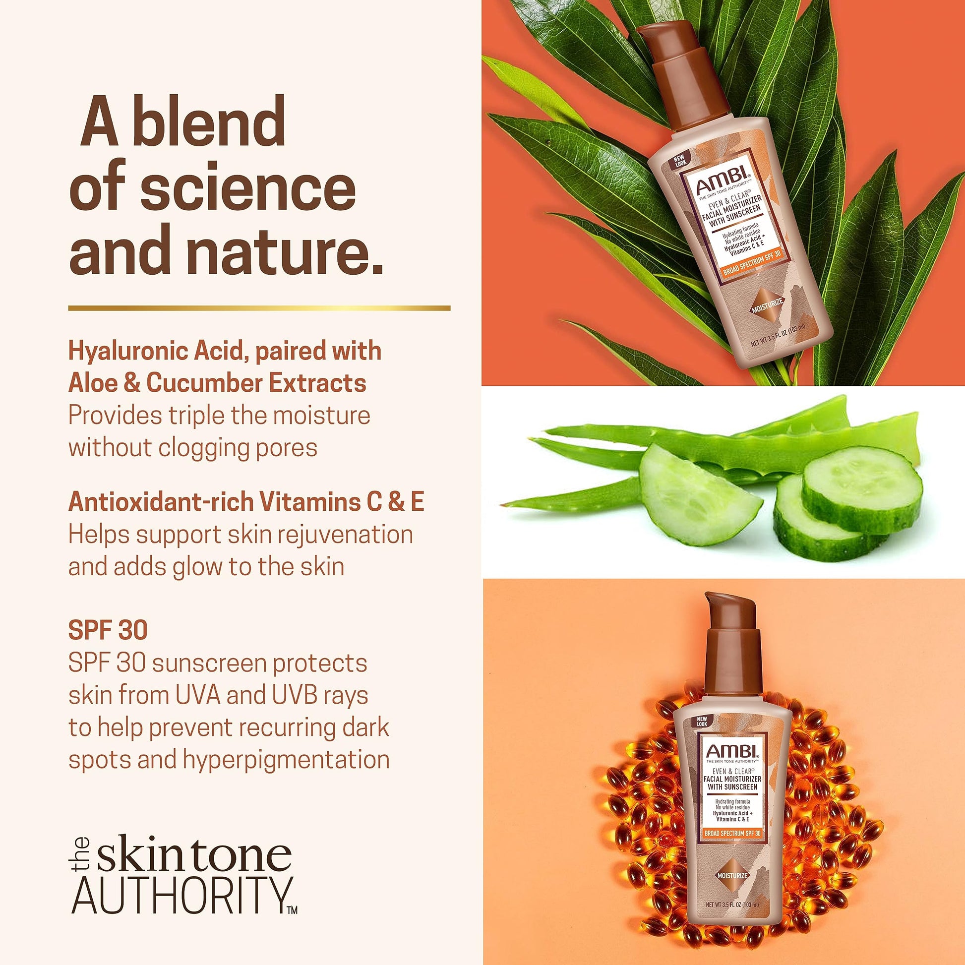 Hidratante Facial Diario Ambi Even & Clear con SPF 30, Ácido Hialurónico y Aloe - Equilibrio del Tono de Piel y Protección Solar - 3.5 Onzas.