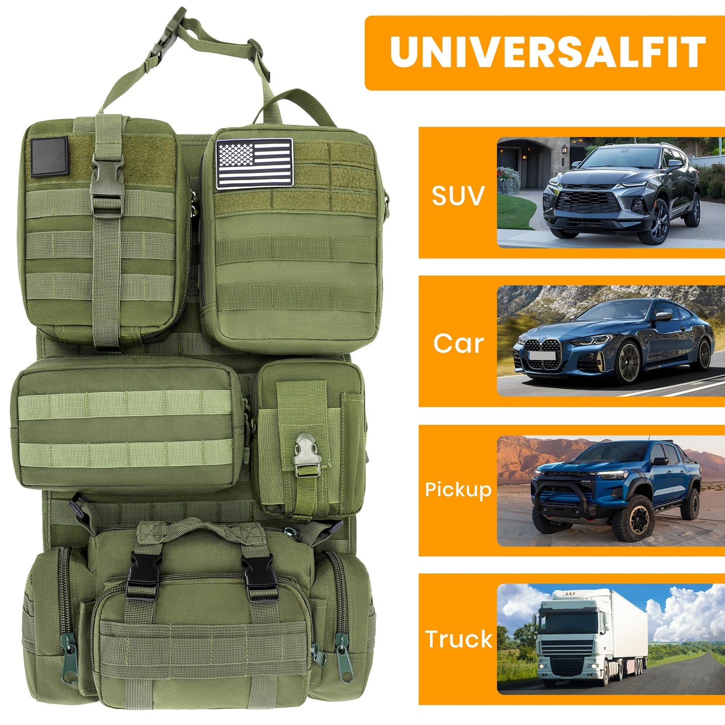 Paquete de 6 organizadores tácticos MOLLE para respaldo de asiento de automóvil - Bolsa de almacenamiento universal para vehículos con 5 bolsas MOLLE desmontables, parche de bandera de EE.UU. y