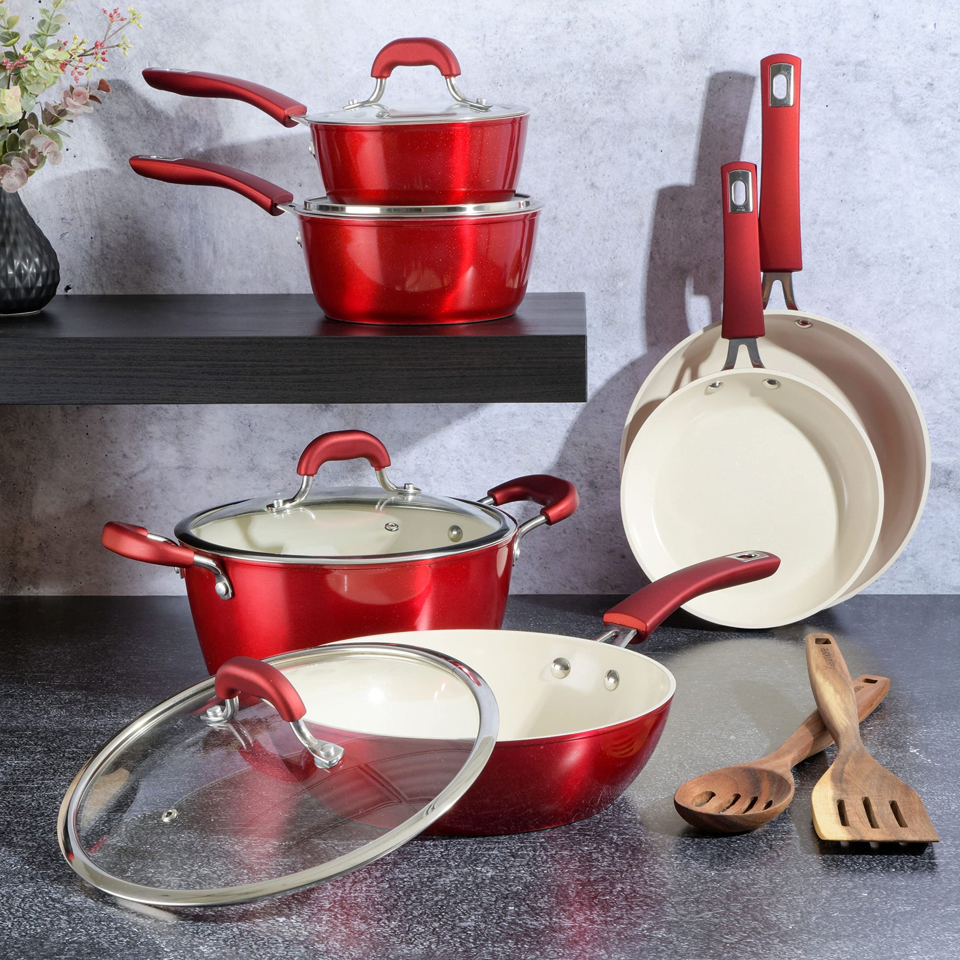Kenmore Arlington Healthy antiadherente cerámica recubierta de aluminio forjado utensilios de cocina, 12 piezas, color rojo metálico