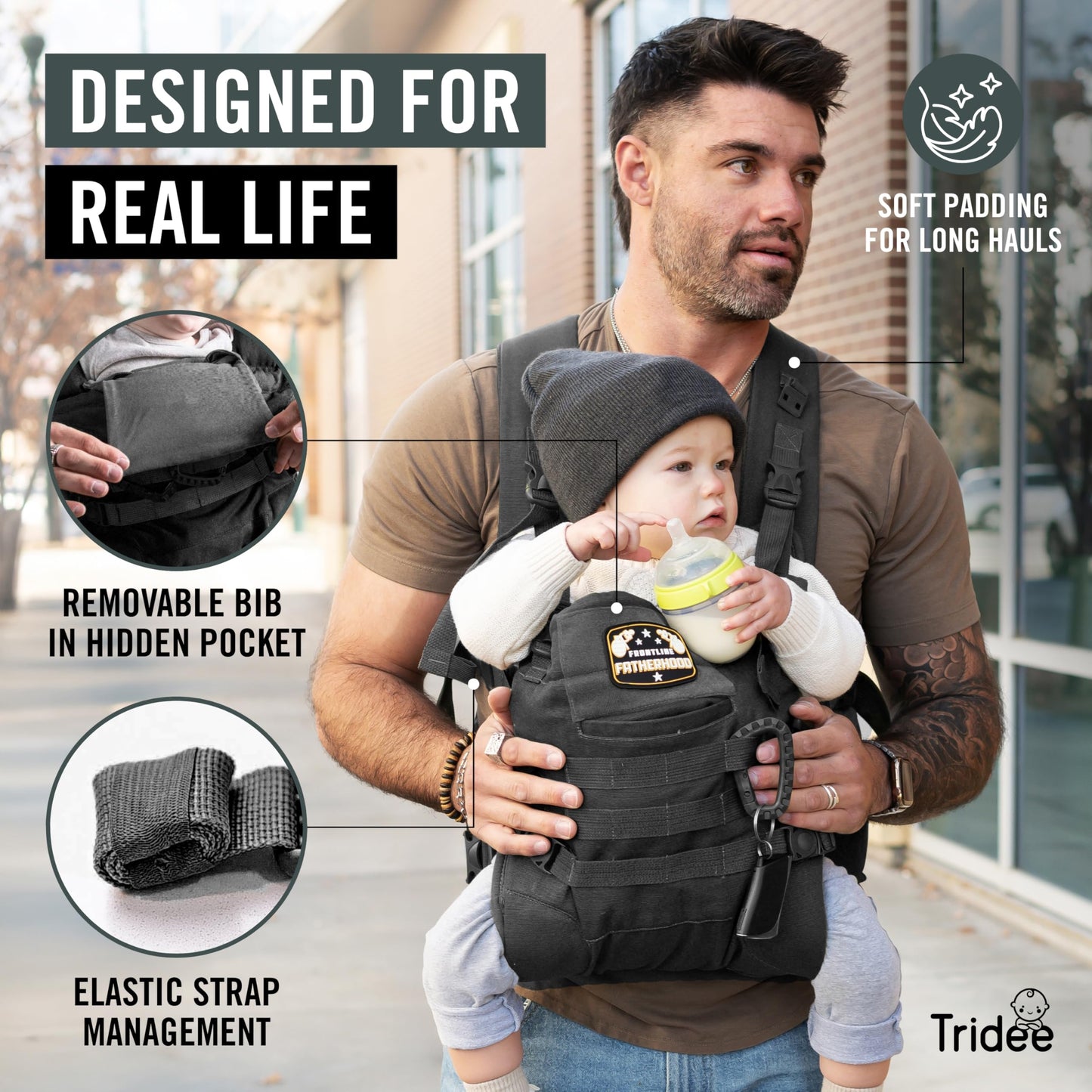 Tridee Dad - Portabebés ajustable para hombre, con cierre de cadera – Protector magnético suave para bebé, baberos recién nacidos, 2 mosquetones, correa de cintura extraíble para bebés y bebés de