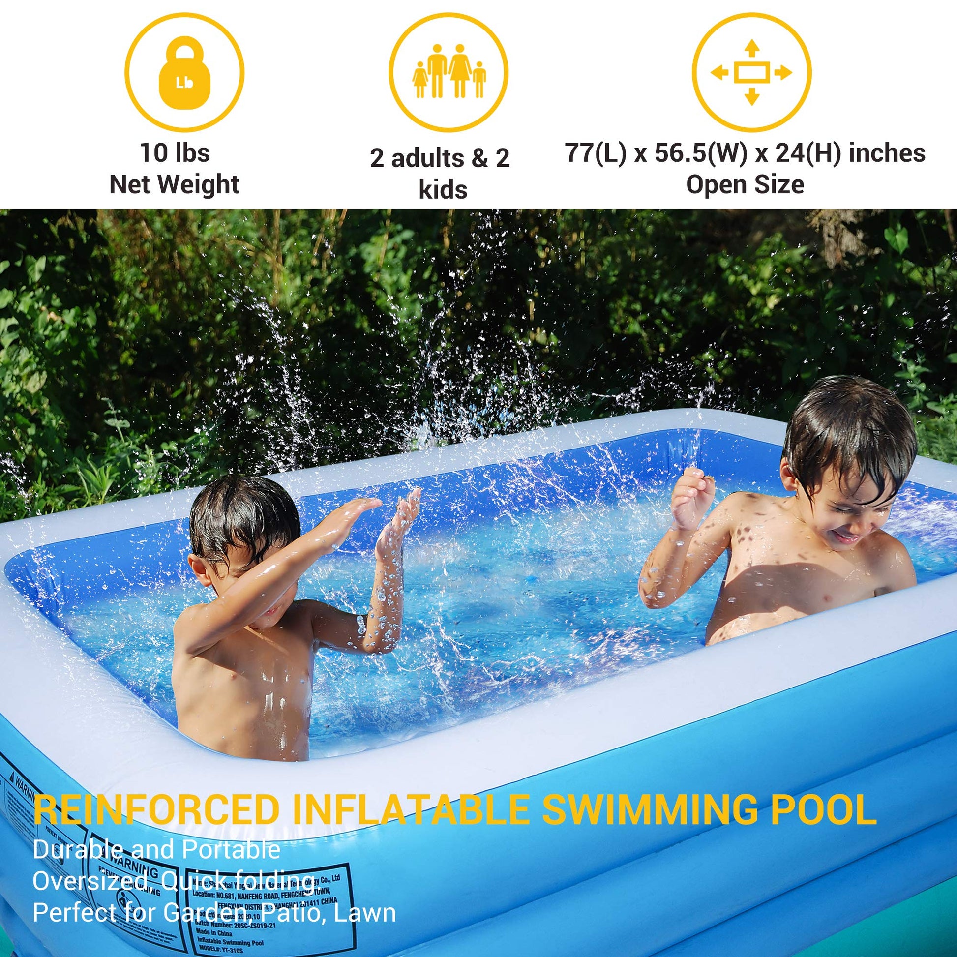 AsterOutdoor - Piscina Inflable de tamaño Completo sobre el Piso para niños, para Adultos, niños, niños pequeños, 77 x 55 x 23 Pulgadas, Gruesa, para Patio Trasero, jardín, Fiesta, Azul