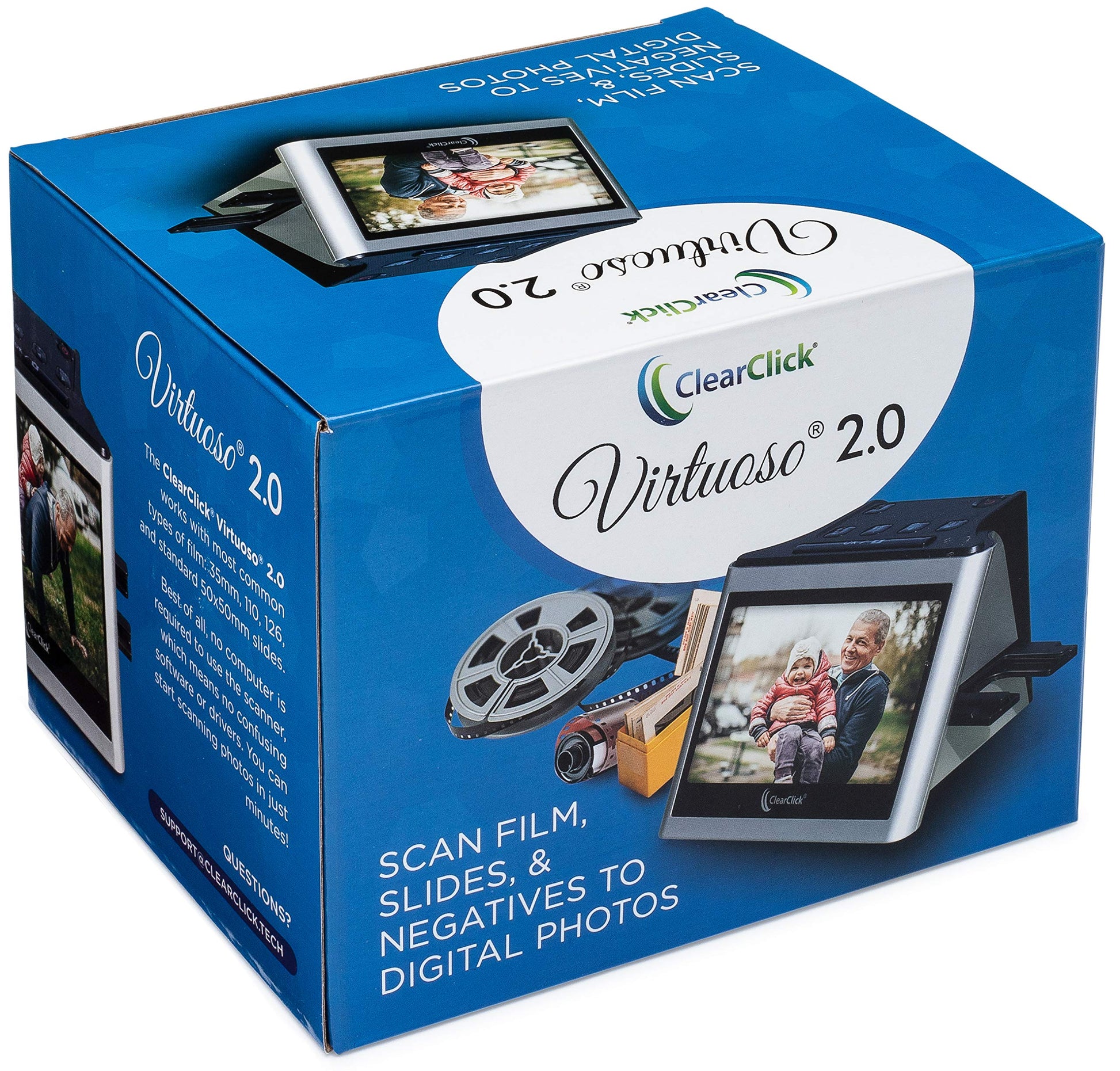 ClearClick Virtuoso 2.0 (segunda generación) Escáner de película y diapositivas de 22 MP con visualización LCD extragrande de 5 pulgadas, convierte 35 mm, 110, 126 diapositivas y negativos a fotos