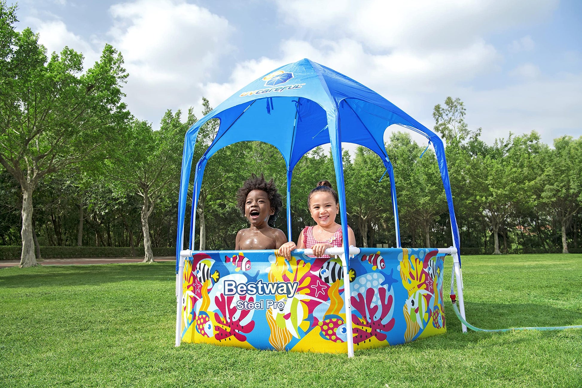 Bestway - Piscina con Marco Profesional de Acero con protección Solar en el Techo, sin Bomba de diámetro, 183 x 51 cm, diseño subacuático Redondo