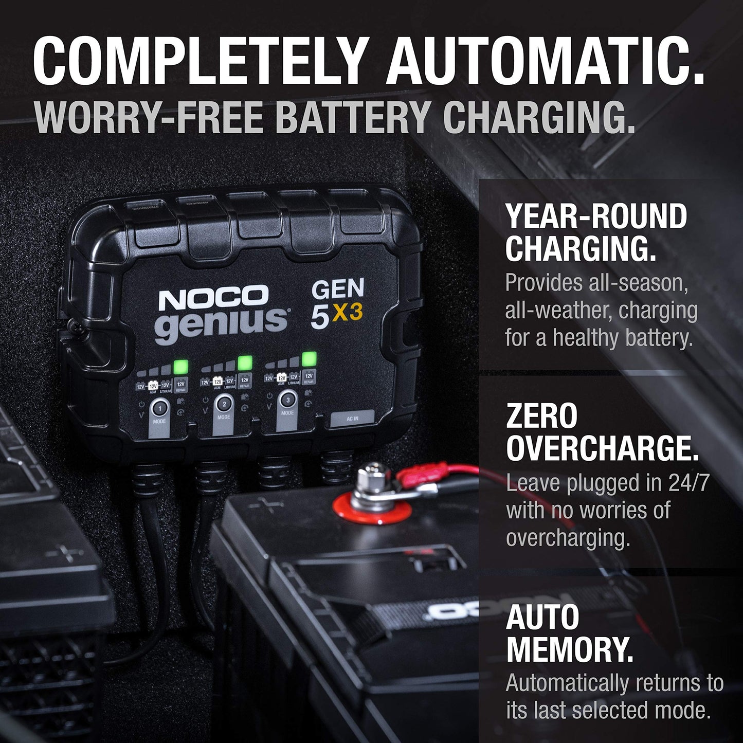 NOCO Genius GEN5X3: Cargador de batería integrado de 3 bancos, 15 A, 5 A por banco, cargador marino impermeable de 12 V con protección contra sobrecarga y compensación de temperatura, para baterías de