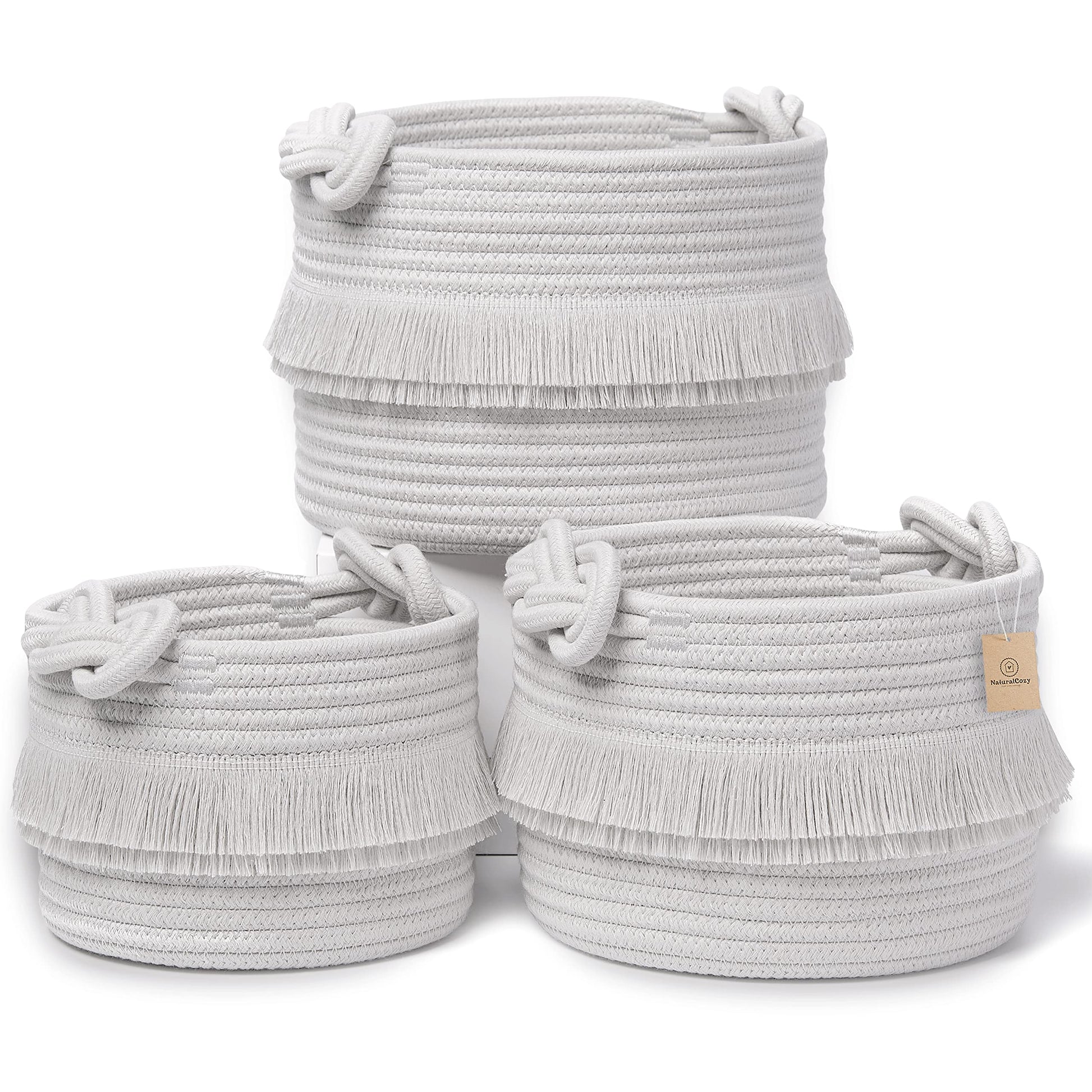 NaturalCozy - Juego de cestas decorativas de almacenamiento de 3 piezas, canastas tejidas de cuerda de algodón para organizar Pequeños contenedores de almacenamiento para guardería, artículos de bebé