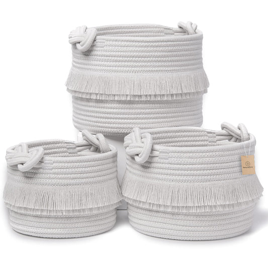 NaturalCozy - Juego de cestas decorativas de almacenamiento de 3 piezas, canastas tejidas de cuerda de algodón para organizar Pequeños contenedores de almacenamiento para guardería, artículos de bebé