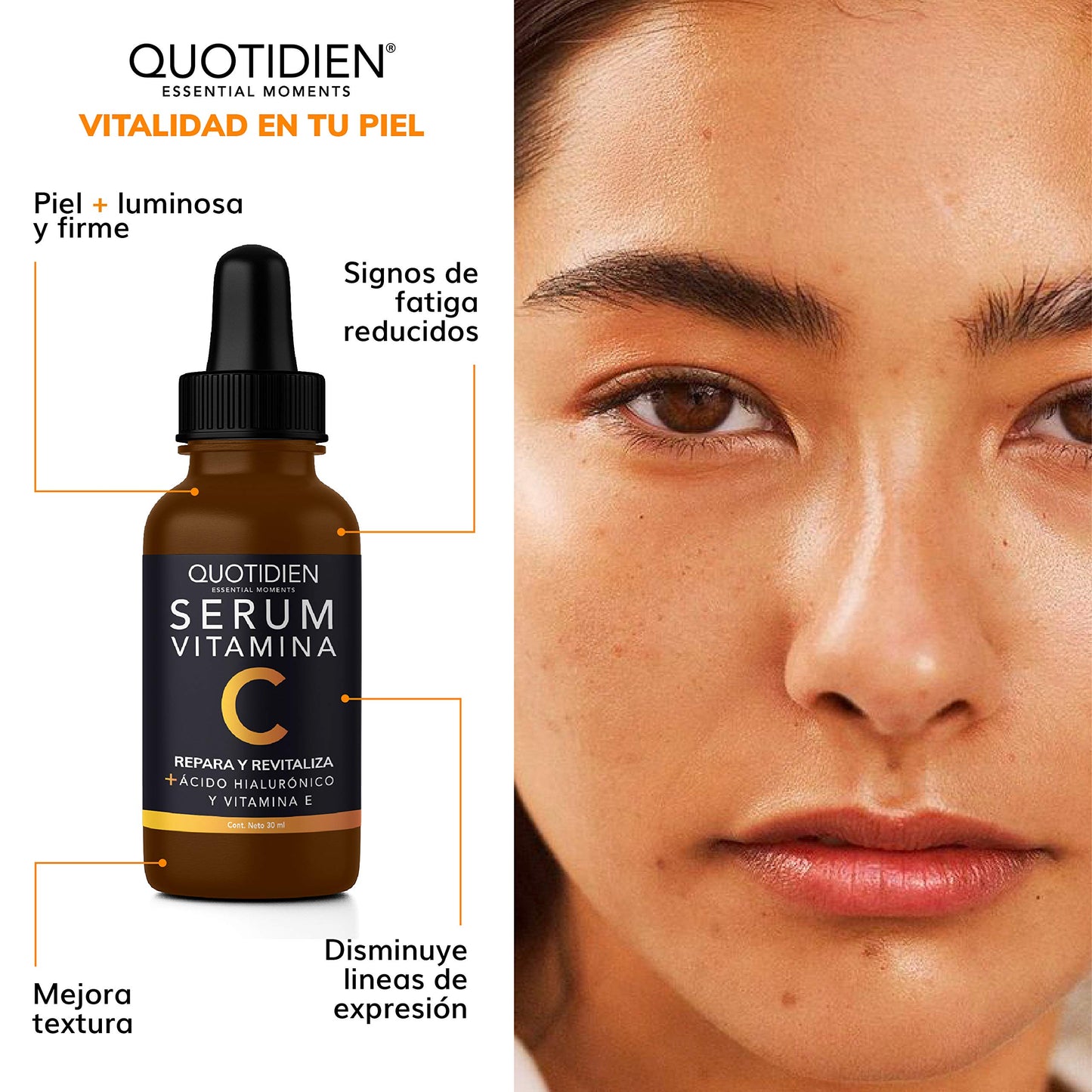 Kit Facial Quotidien: 1 Serum Vitamina C 30ml + 1 Serum Ácido Hialurónico 30ml - Ingredientes Naturales - Hidratación Profunda + Vitalidad en tu Rostro - Mejora la Textura- Firmeza y Tonificación- Disminución de arrugas y lineas de expresión.