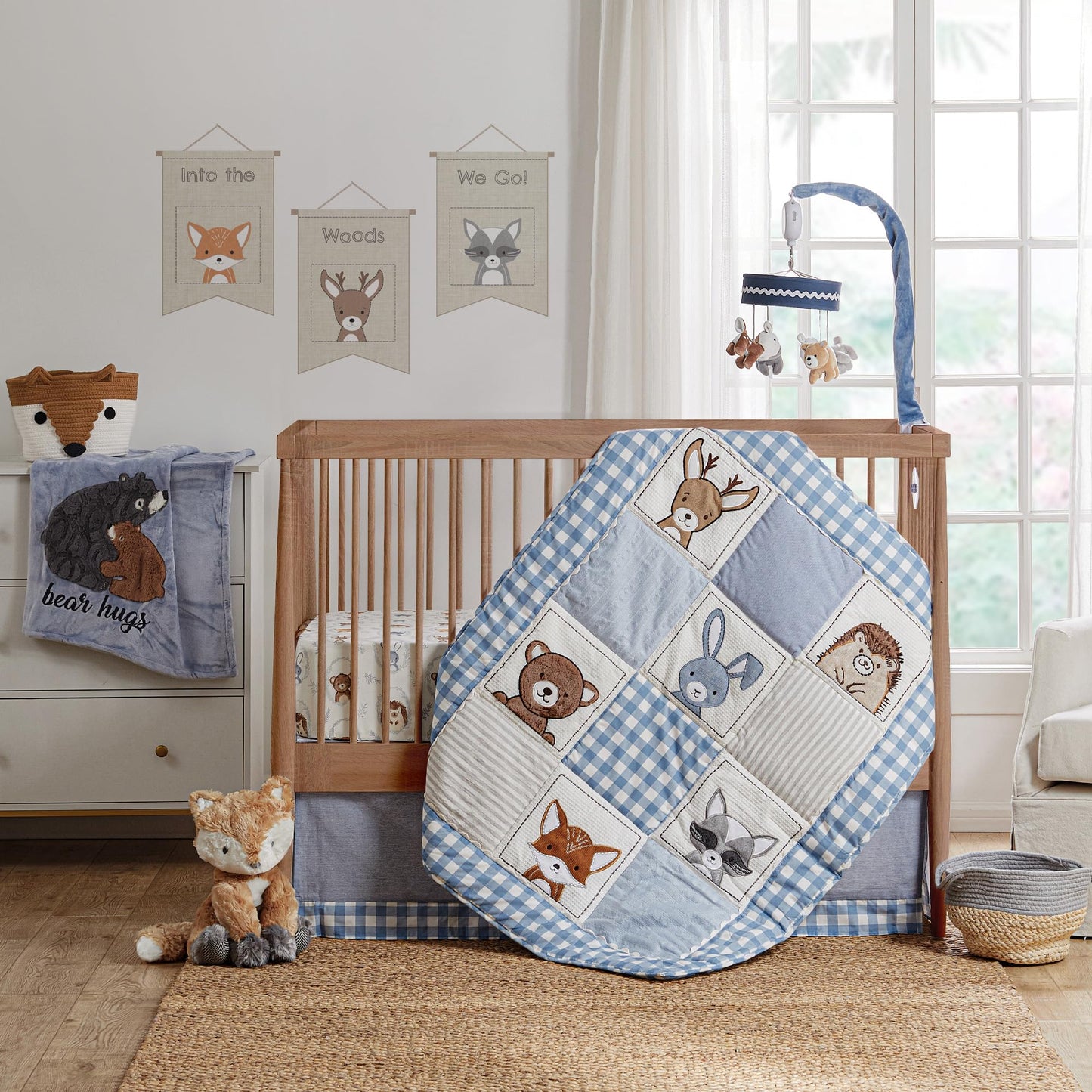 Levtex Baby - Juego de cama para cuna Forest Friends - Juego de guardería para bebé - Gingham - Azul y blanco - Retratos de animales - Set de 5 piezas incluye edredón, dos sábanas ajustables, adhesivo