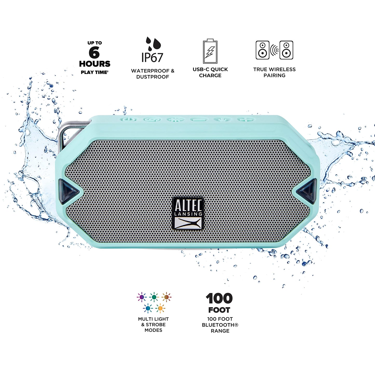 Altec Lansing - Altavoz inalámbrico HydraMini Bluetooth, batería recargable USB C impermeable IP67 con 6 horas de reproducción, compacto, a prueba de golpes, a prueba de nieve, a prueba de todo (verde
