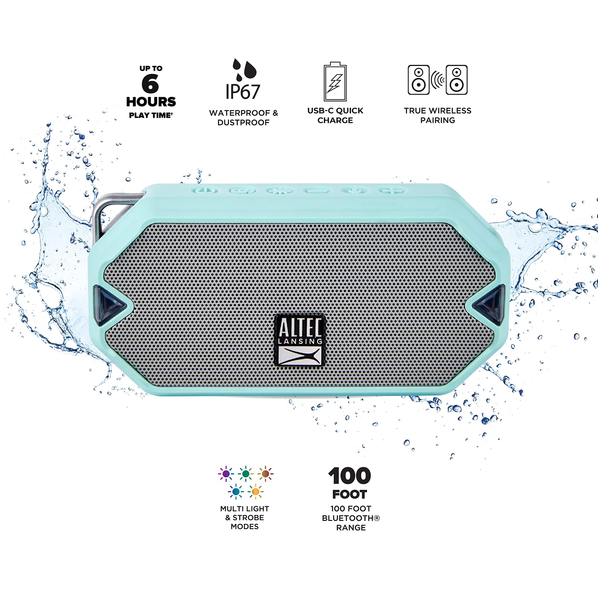 Altec Lansing - Altavoz inalámbrico HydraMini Bluetooth, batería recargable USB C impermeable IP67 con 6 horas de reproducción, compacto, a prueba de golpes, a prueba de nieve, a prueba de todo (verde