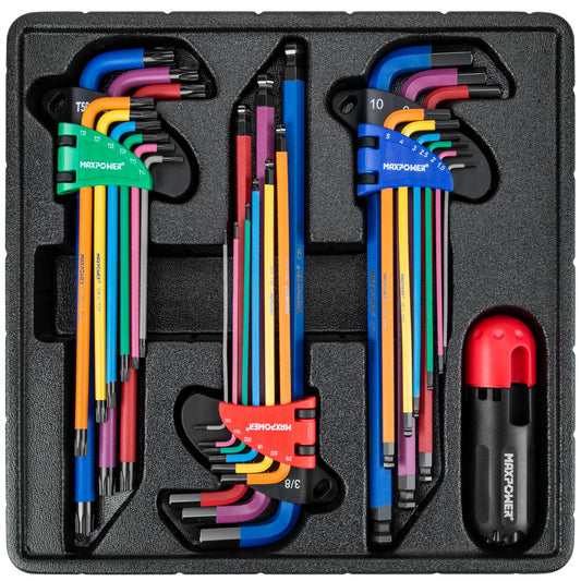 Juego de Llaves Allen MAXPOWER Negro con 27 Piezas SAE, Métricas y Torx de Brazo Extralargo con Mango en T