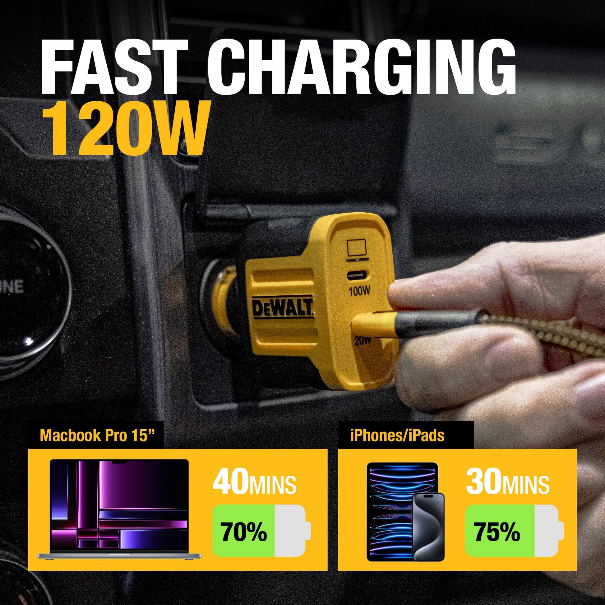 DEWALT USB C Cargador de Coche, 120W 2-Puerto PD 3.0 Tipo C Adaptador, PPS Carga Rápida con Power Delivery para iPhone 16 15 14 13 12 11 X XS Pro MAX Mini, Galaxy S22/S20/S10, Pixel, iPad/iPad Mini