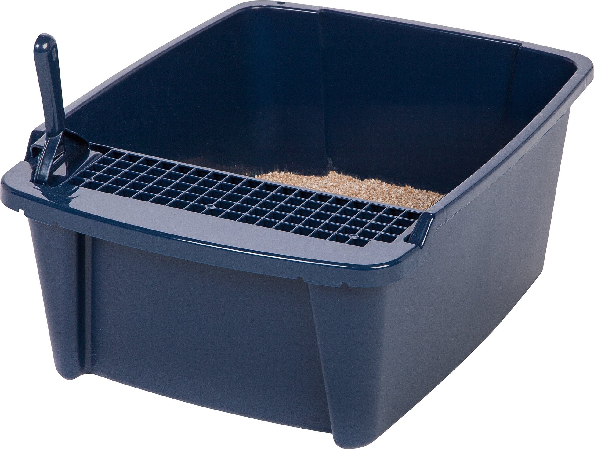 IRIS USA Caja de Arena para Gatos Grande con Cubierta Frontal con Abertura y Paleta, Bandeja de Arena para Gatos con Capucha y Puerta de Entrada para Privacidad, Marino