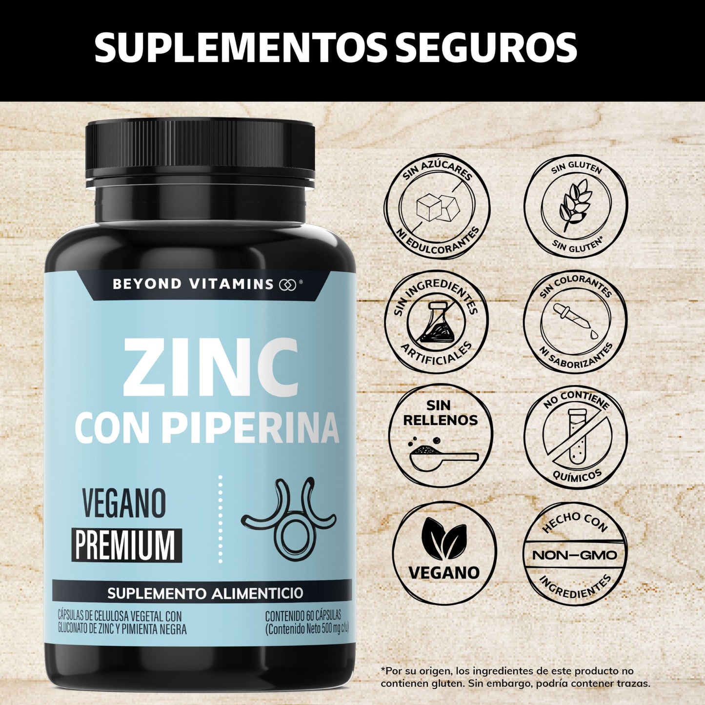 Beyond Vitamins | Zinc 20mg (Gluconato de Zinc) Potenciado con Piperina Estandarizada al 95%, Apto para dietas Veganas, Premium (60 Cápsulas)