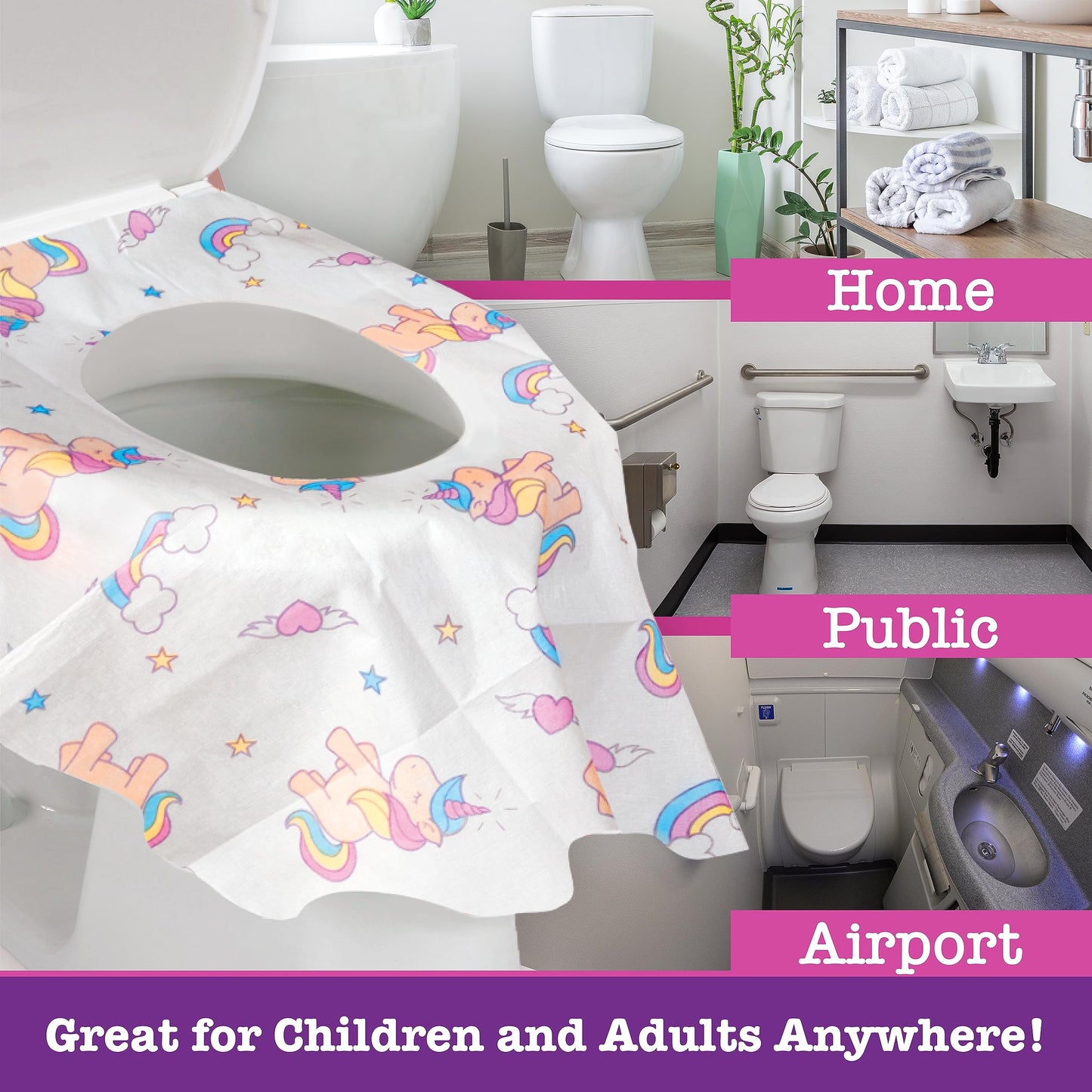 Fundas desechables para asiento de inodoros, para niños y adultos, en paquete individual, para viajes, entrenamiento para ir al baño, baños públicos, (12 unidades, unicornios), impermeable XL
