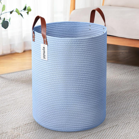 Wymulot - Cesta grande de cuerda de 80 l, cesta de almacenamiento de cuerda tejida con asas de piel, cesta de almacenamiento de juguetes para perros, recámara, almacenamiento de manta de guardería,