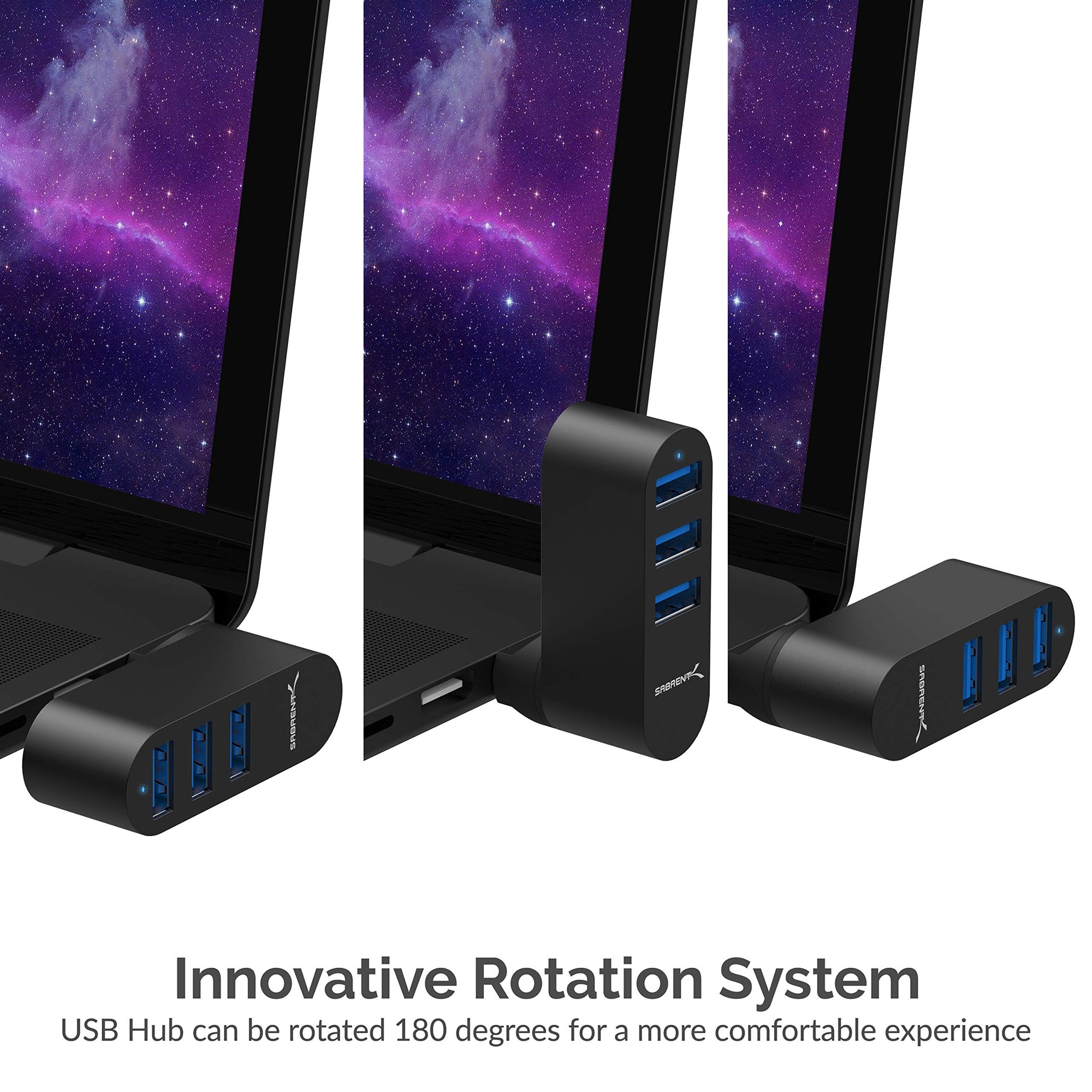 Hub USB 3.0 Mini de Aluminio Sabrent Premium Tres Puertos Giratorio 90° 180°
