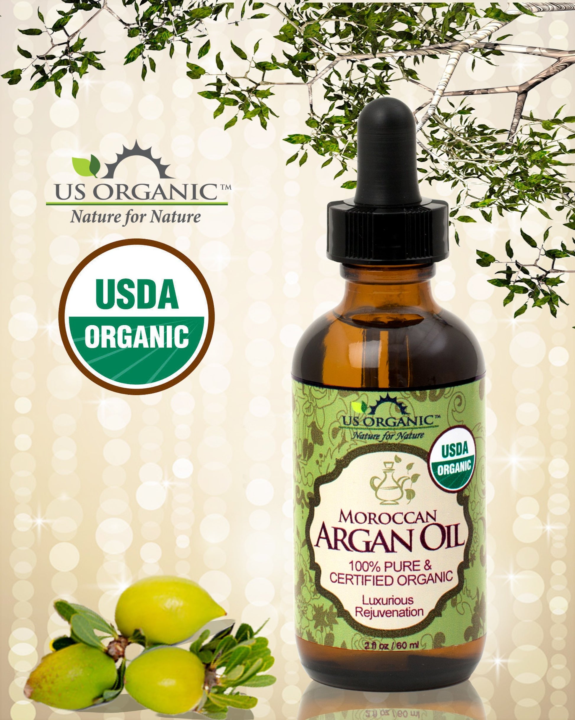 US Organic Moroccan Argan Oil, USDA Certified Organic,100% Pure & Natural, Cold Pressed Virgin, Unrefined, in Amber Glass Bottle with Glass Eye Dropper for Easy Application (2 oz (56 ml))