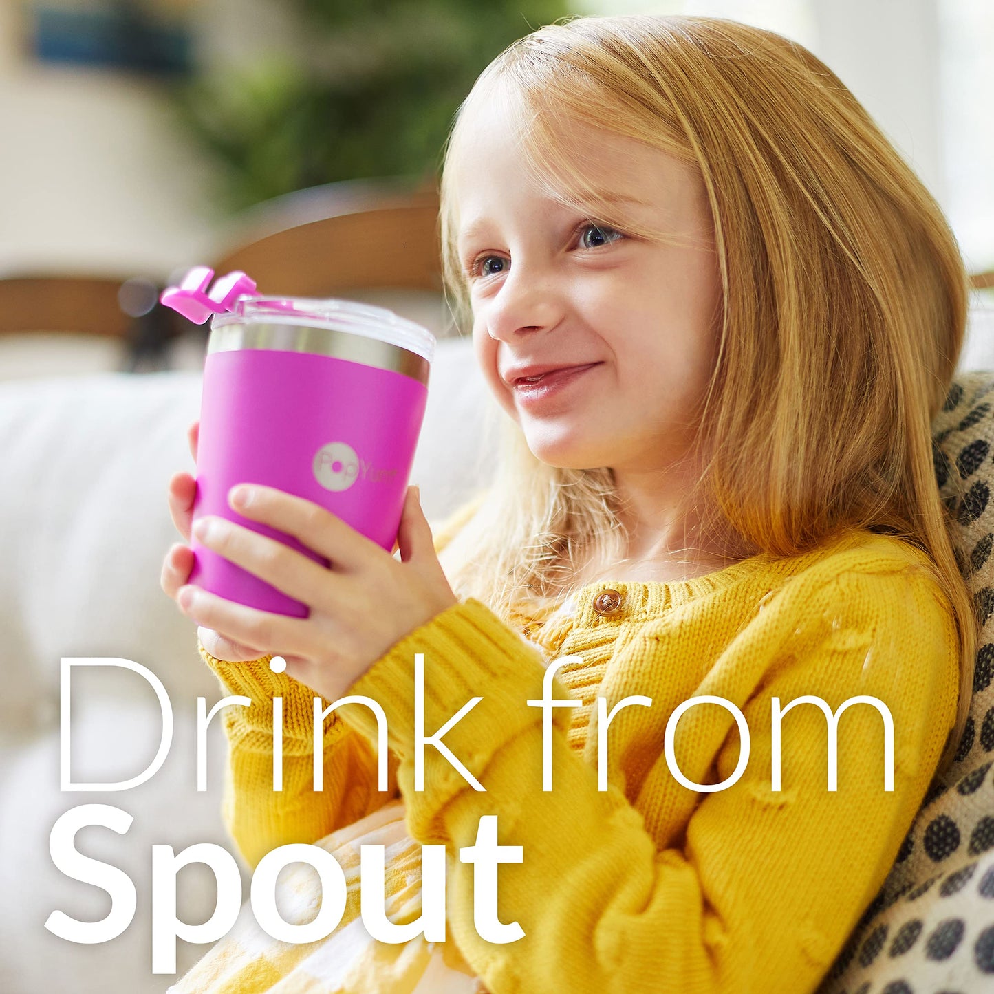 PopYum - Tazas para niños de acero inoxidable aisladas de 266 ml con tapa y popote, 2 unidades, púrpura, rosa, apilables, con borde de aprendizaje, para bebé, niño, niño pequeño, vaso, de doble pared