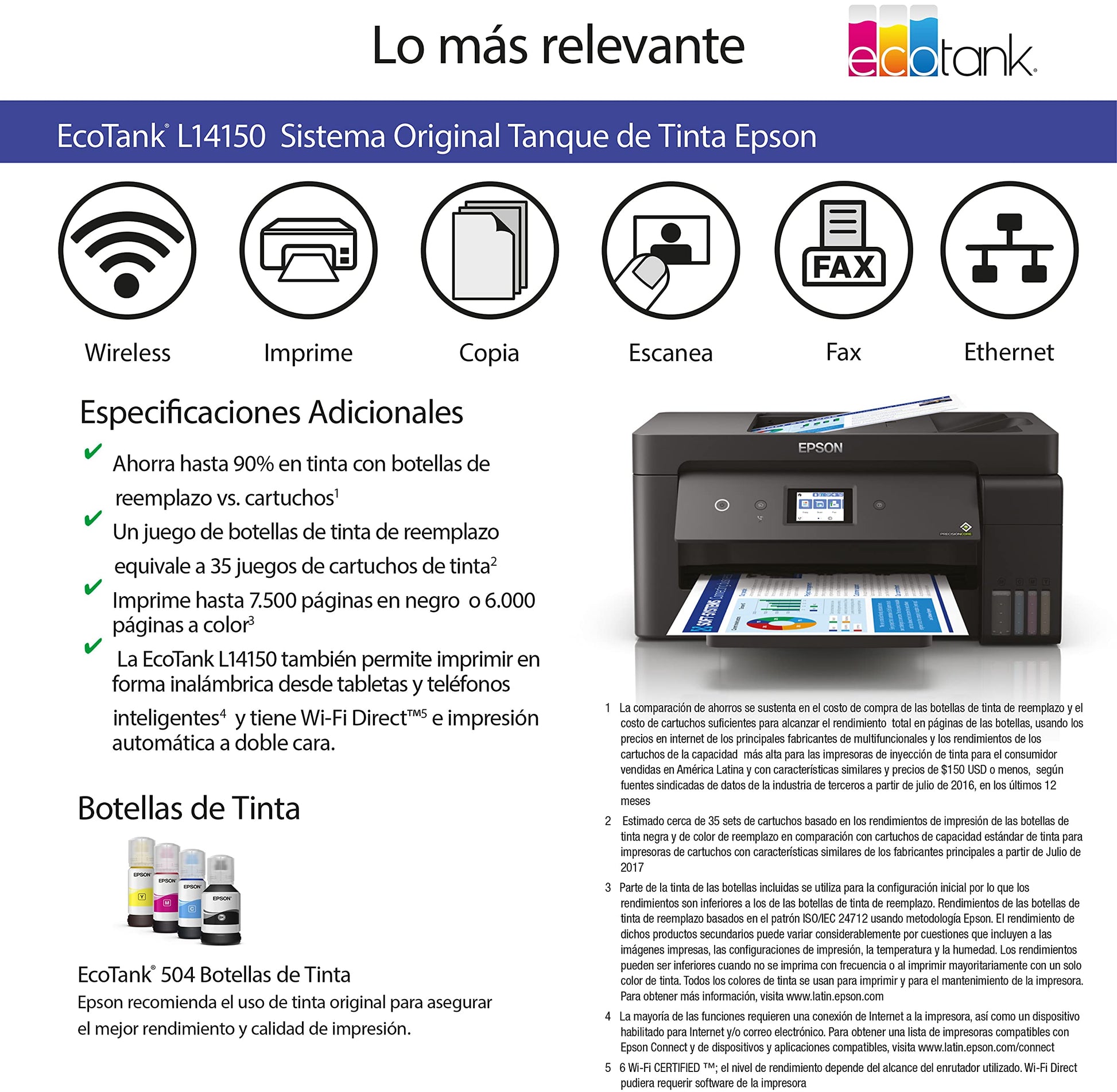 Epson Multifuncional Ecotank L14150 Duplex, Tanque de Tinta a Color para Negocio con ADF para Formato Ancho, Wi-Fi Direct - Ethernet, Fax