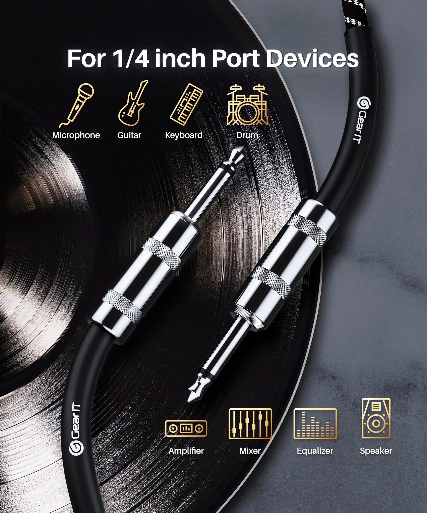 GEARit - Cable de audio para instrumento (20 pies) de 1/4 pulgadas a 1/4 pulgadas recto macho a macho para cable AMP, bajo y guitarra eléctrica, color negro y blanco