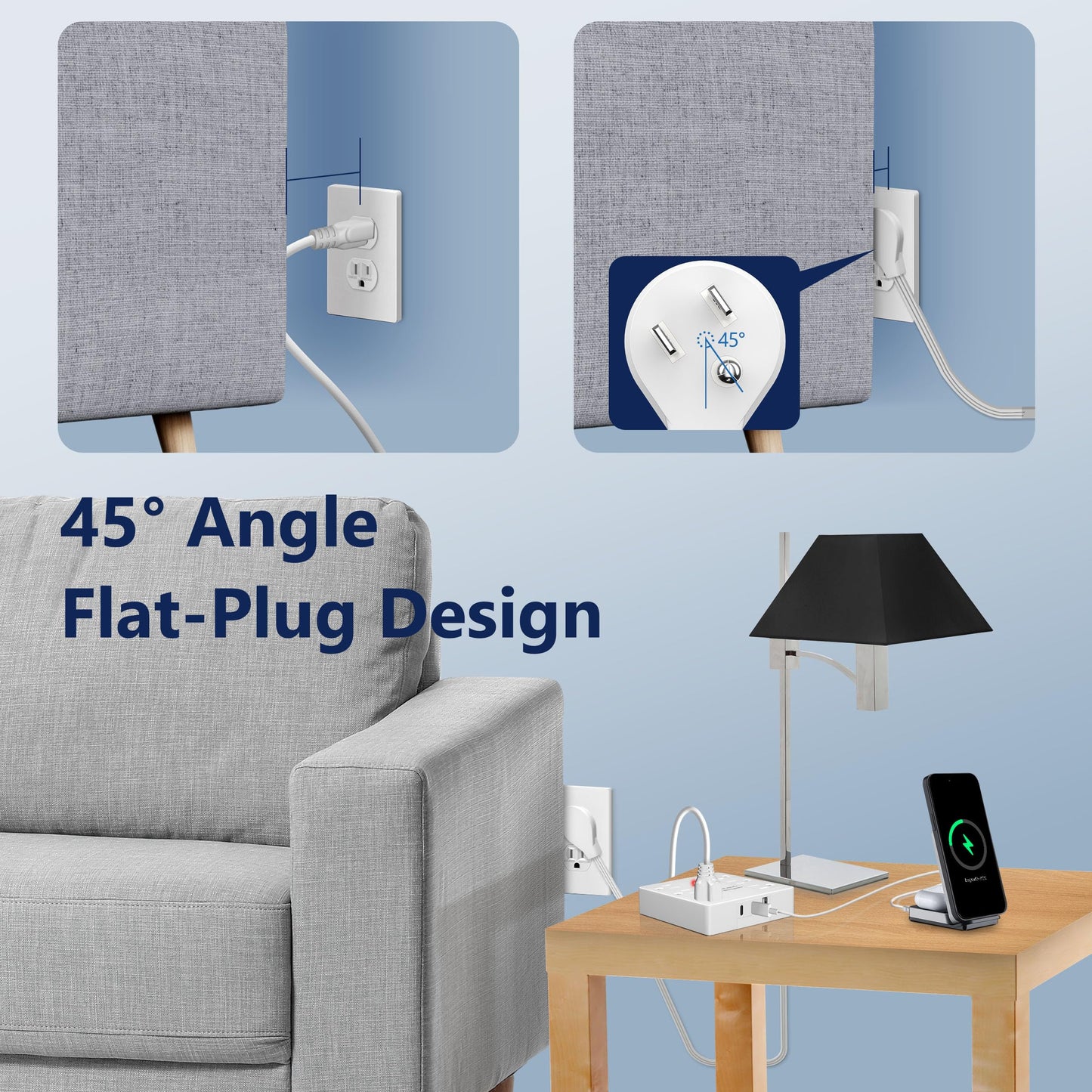 LIDER Extensor de Contactos con 6 Receptáculos, USB-A y 2 USB-C, Clavija Plana Ultra-Delgada con Extensor de Cable, Regleta de 6 Contactos, Diseño Delgado Angulado, Protector contra Sobretensiones