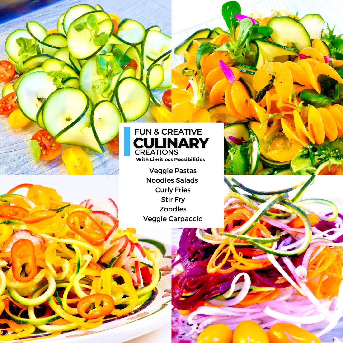 ICO 4-hoja Spiralizer cortador de verduras, más fuerte que todos los cortadores de plástico con 3 cuchillas intercambiables y 1 integrado, negro