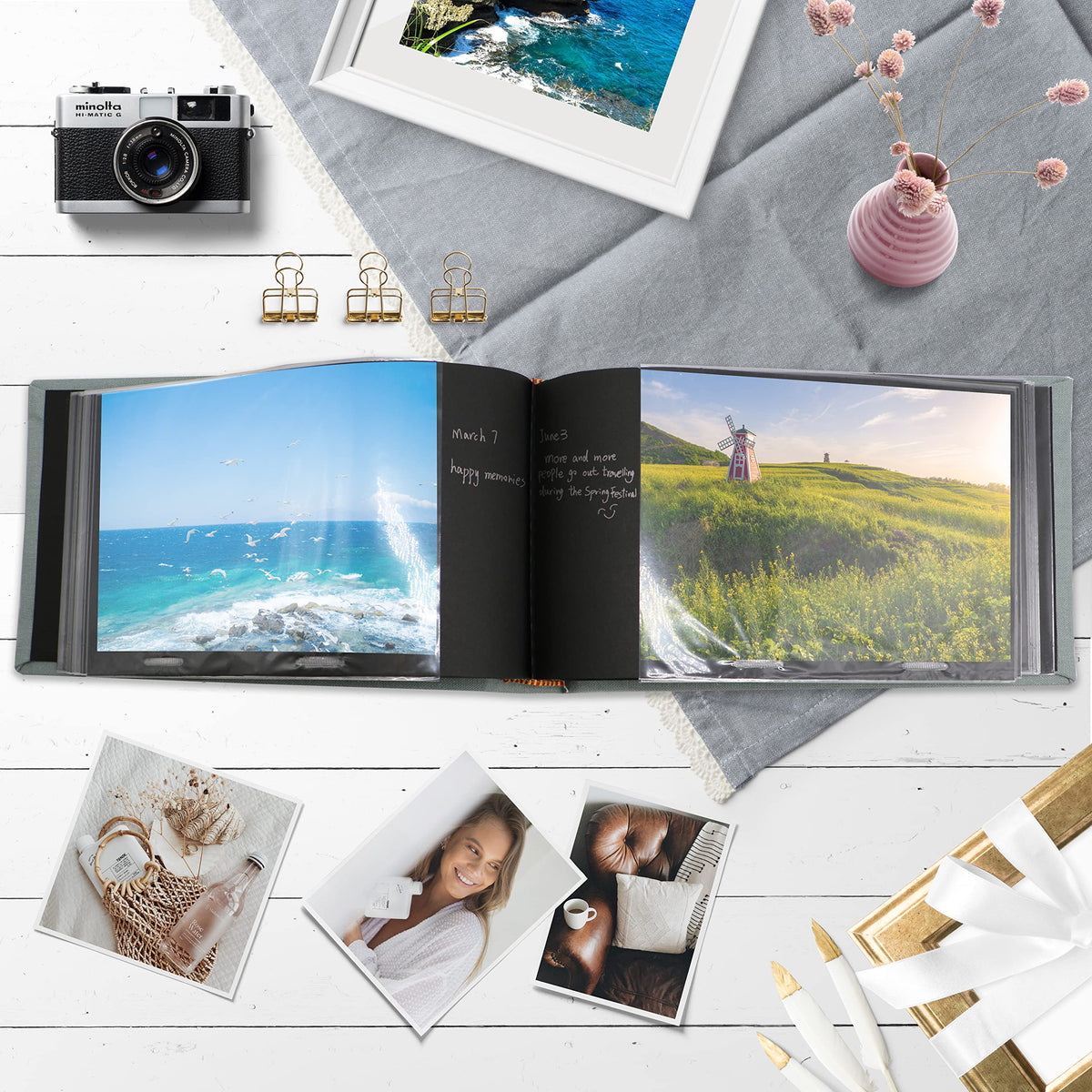 Álbum de Fotos Holoary Gris con Tapa Dura de Lino y Páginas Negras para 50 Fotos