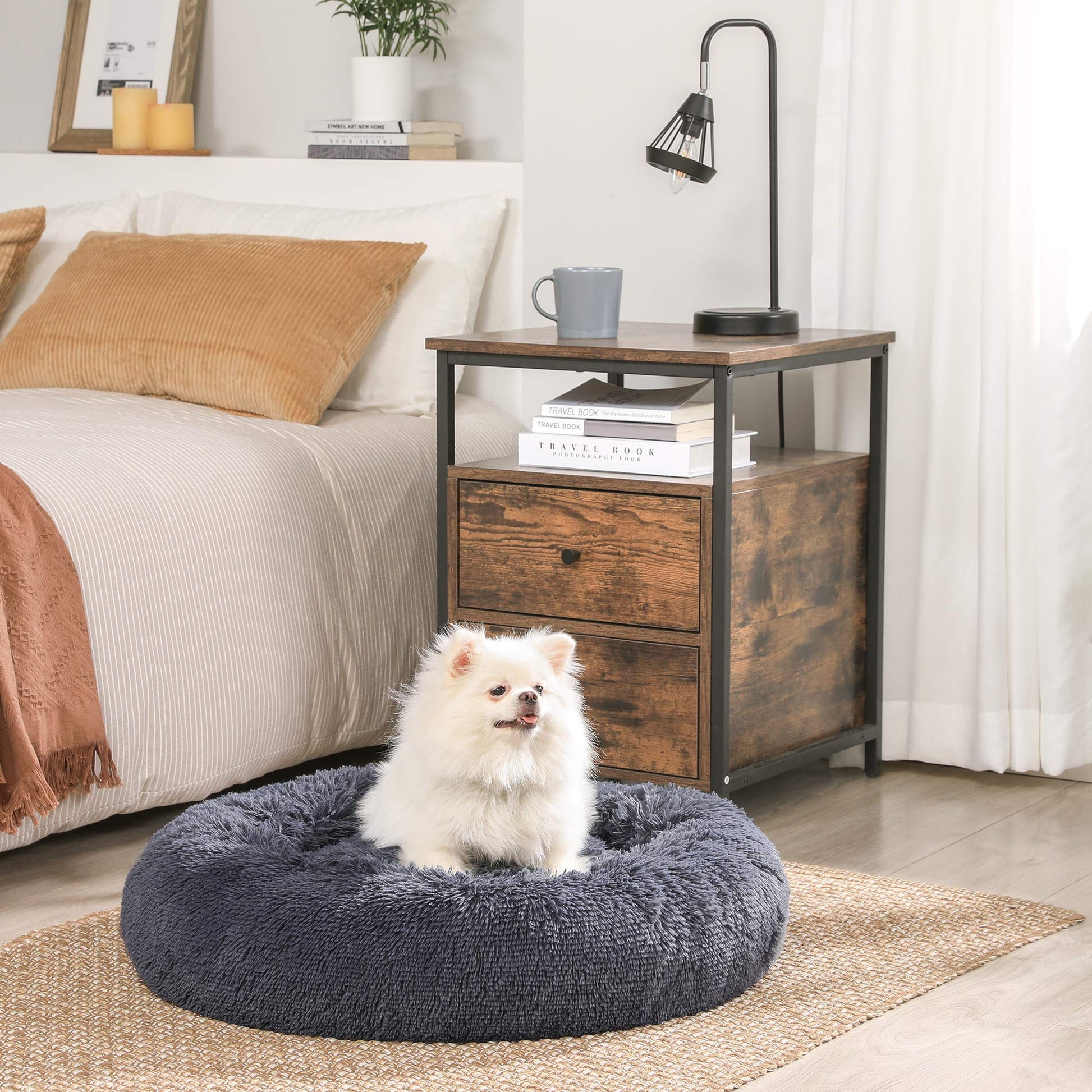 Feandrea Cama de Perros, Cama para Mascotas, Diámetro de 50 cm, Cojín Central Extraíble y Lavable, Alfombra de Felpa, Gris Oscuro MPGW037G02