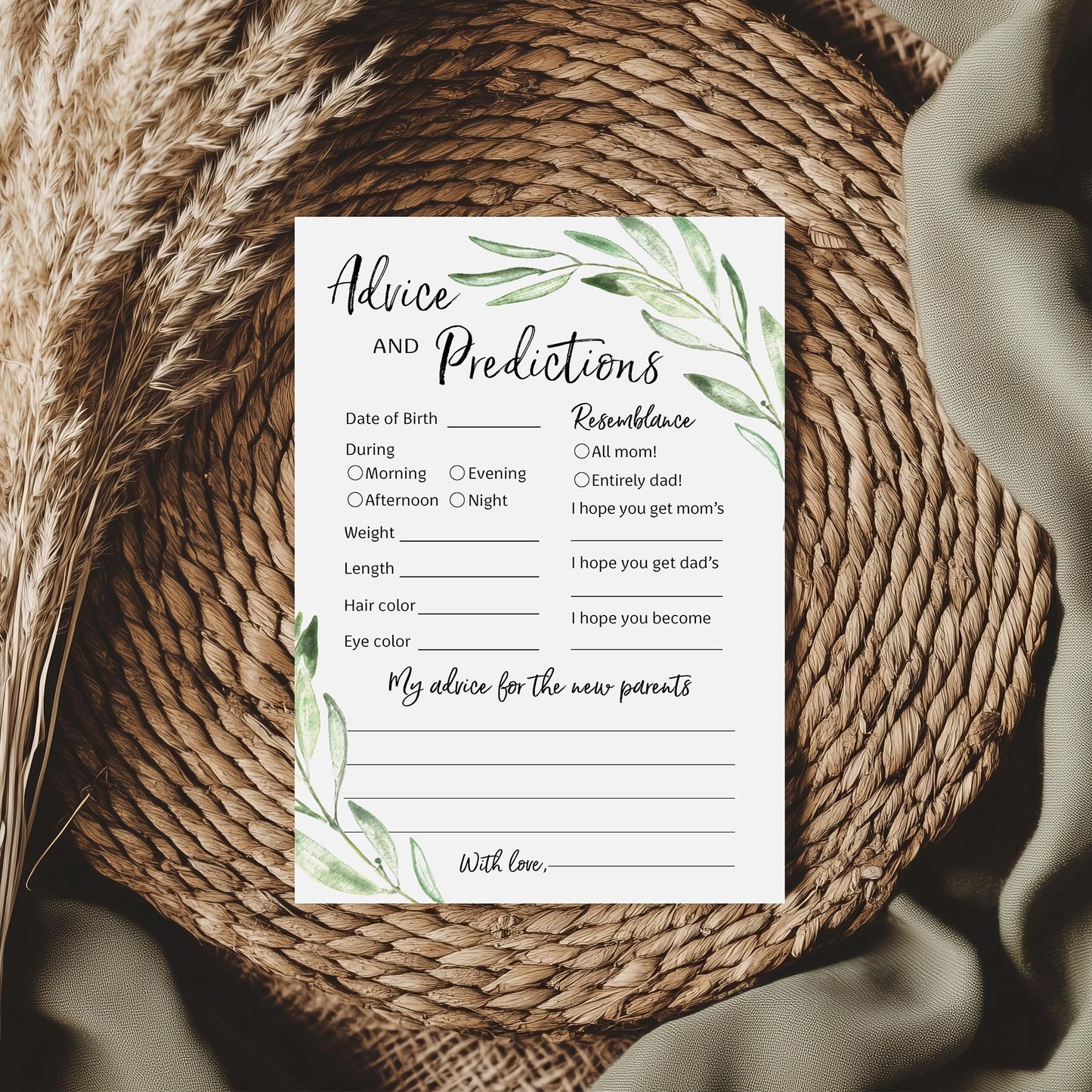 GREENERY - Tarjetas de predicción y consejos, paquete de 25 unidades, mensaje para padres de mamá y papá para ser mamá y papá, rústico floral verde oliva rama para parejas, ducha de acuerdo, libro de