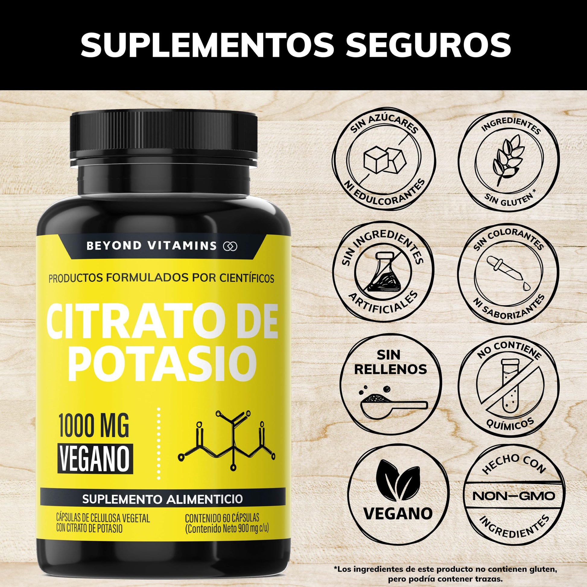 Citrato de Potasio 1000mg | Adicionados con Platano en Polvo, Curcuma y Semilla de uva | Cápsulas sin rellenos | Potassium Citrate-60 cápsulas