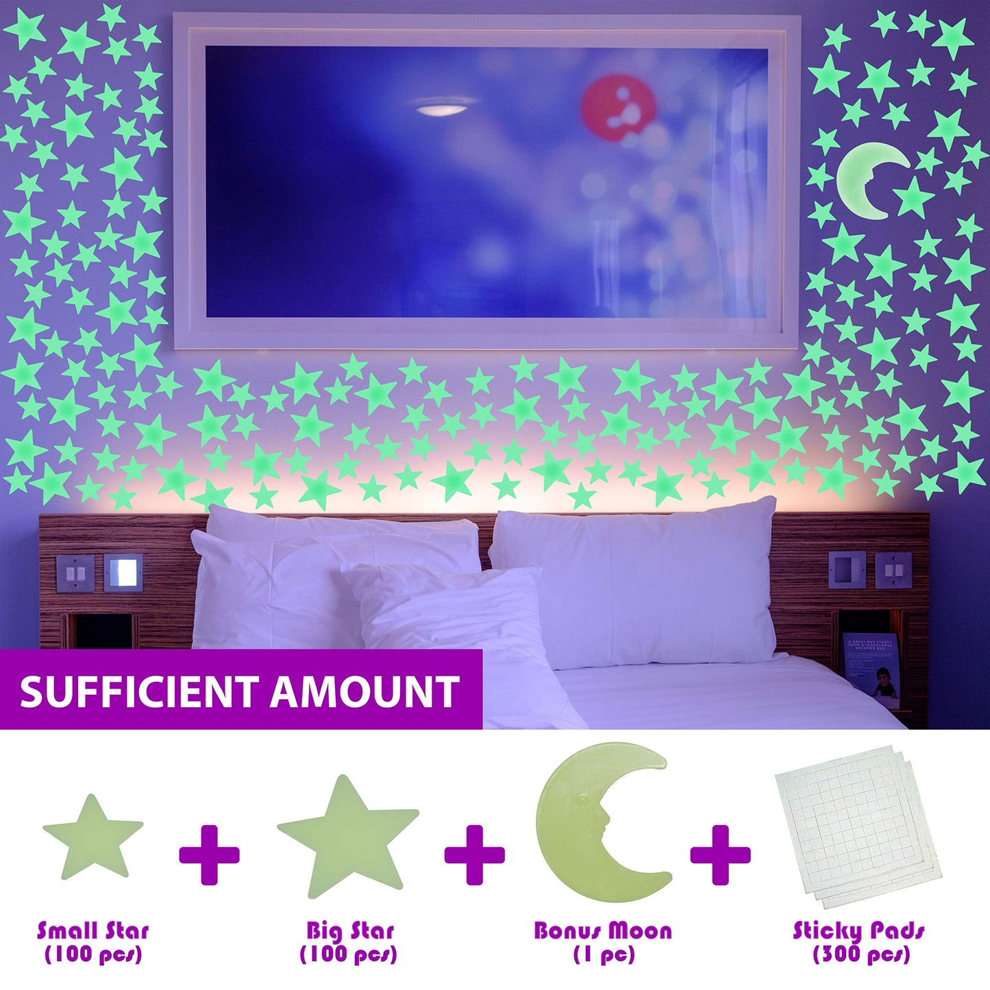 Juego de 201 pegatinas de luna grandes que brillan en la oscuridad con estrellas fluorescentes, luminosas de diferentes tamaños, decoración de techo para dormitorio de niños, fiesta de cumpleaños