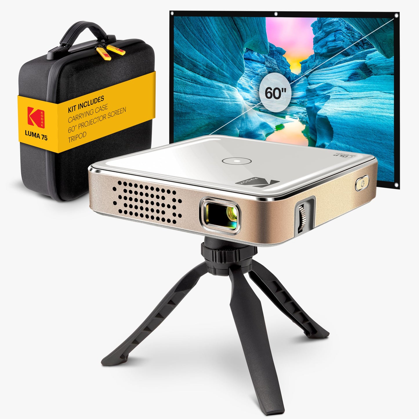 KODAK Luma 75 Kit completo – Ultra Mini proyector de bolsillo DLP con funda, trípode y visualización de 60 pulgadas, batería recargable, altavoz incorporado, HDMI, USB, MicroSD, portátil para el hogar