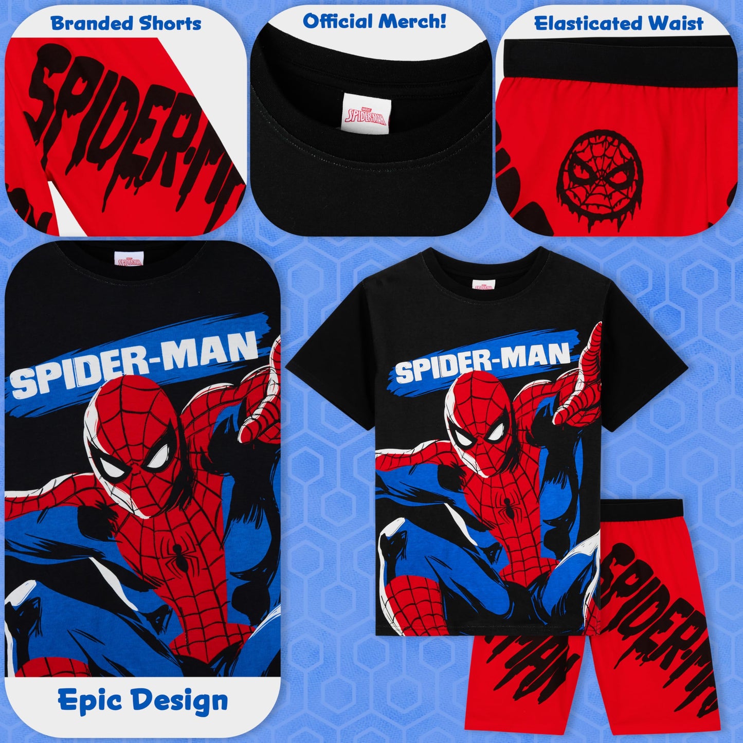 Marvel Conjunto de camiseta y pantalón corto de Spiderman para niños. Conjunto cómodo de 2 piezas para estar en casa (5-6 años, negro/rojo).