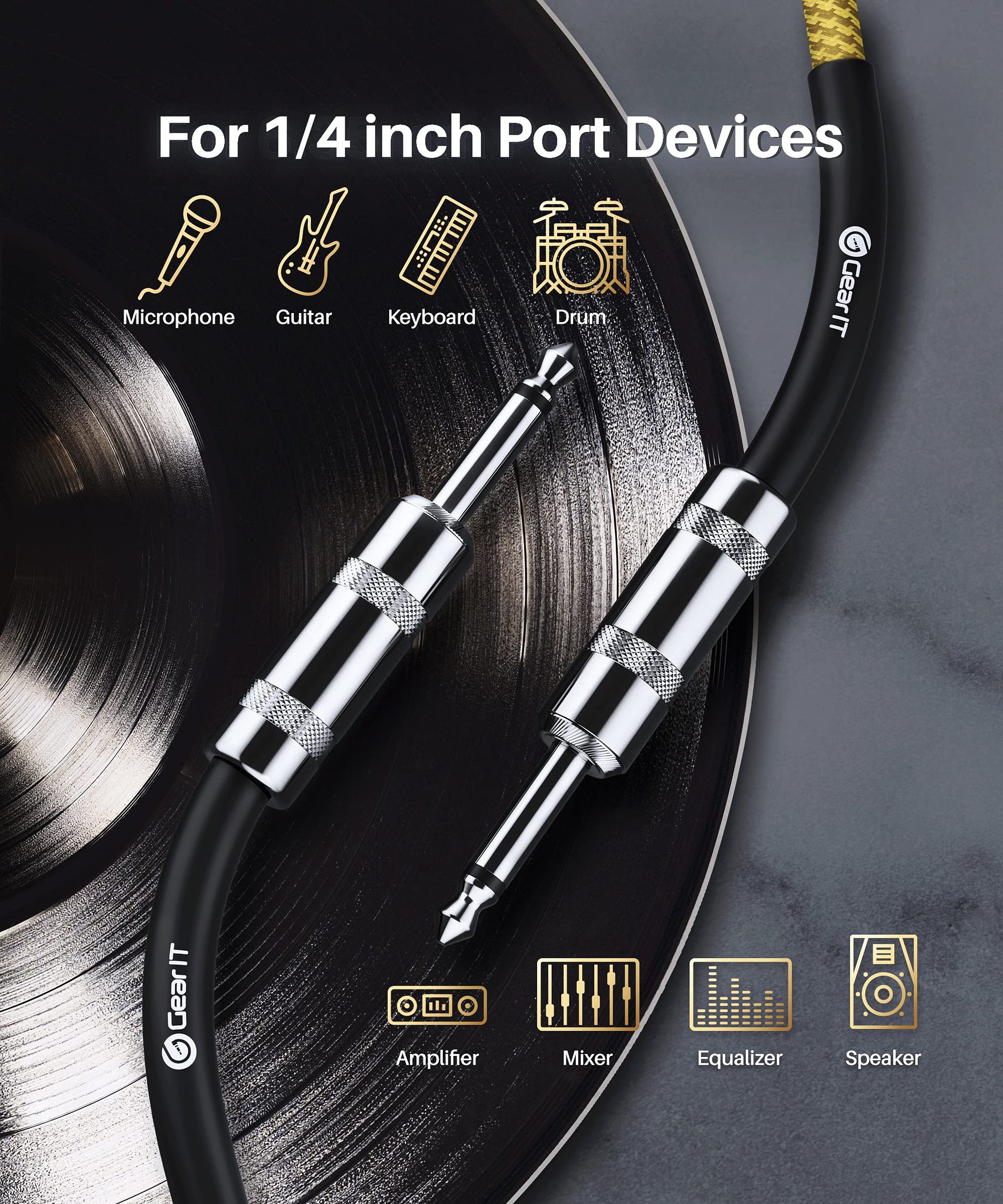 GEARit - Cable de audio para instrumento (20 pies) de 1/4 pulgadas a 1/4 pulgadas recto macho a macho para cable AMP, bajo y guitarra eléctrica, color café/amarillo
