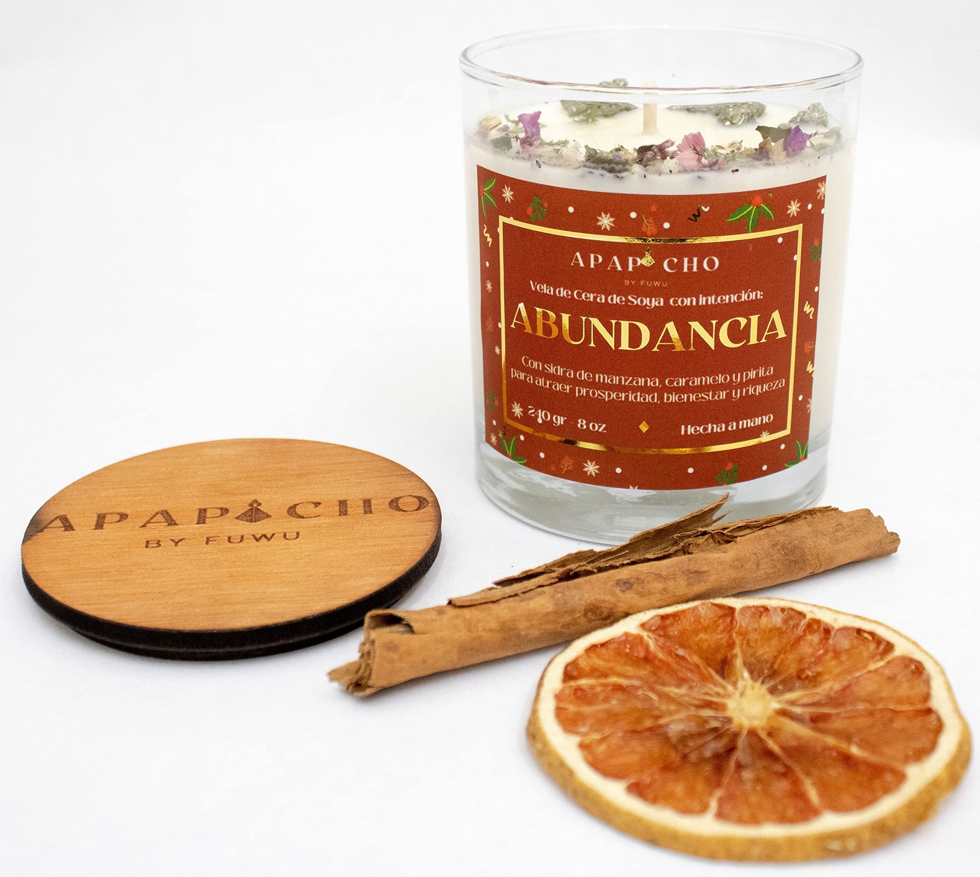 Fuwu, velas aromaticas edicion navidad de cera de soya con cuarzos naturales, velas decorativas hechas a mano con flores secas para decoracion navidad o regalos navideños Sidra de Manzana con caramelo
