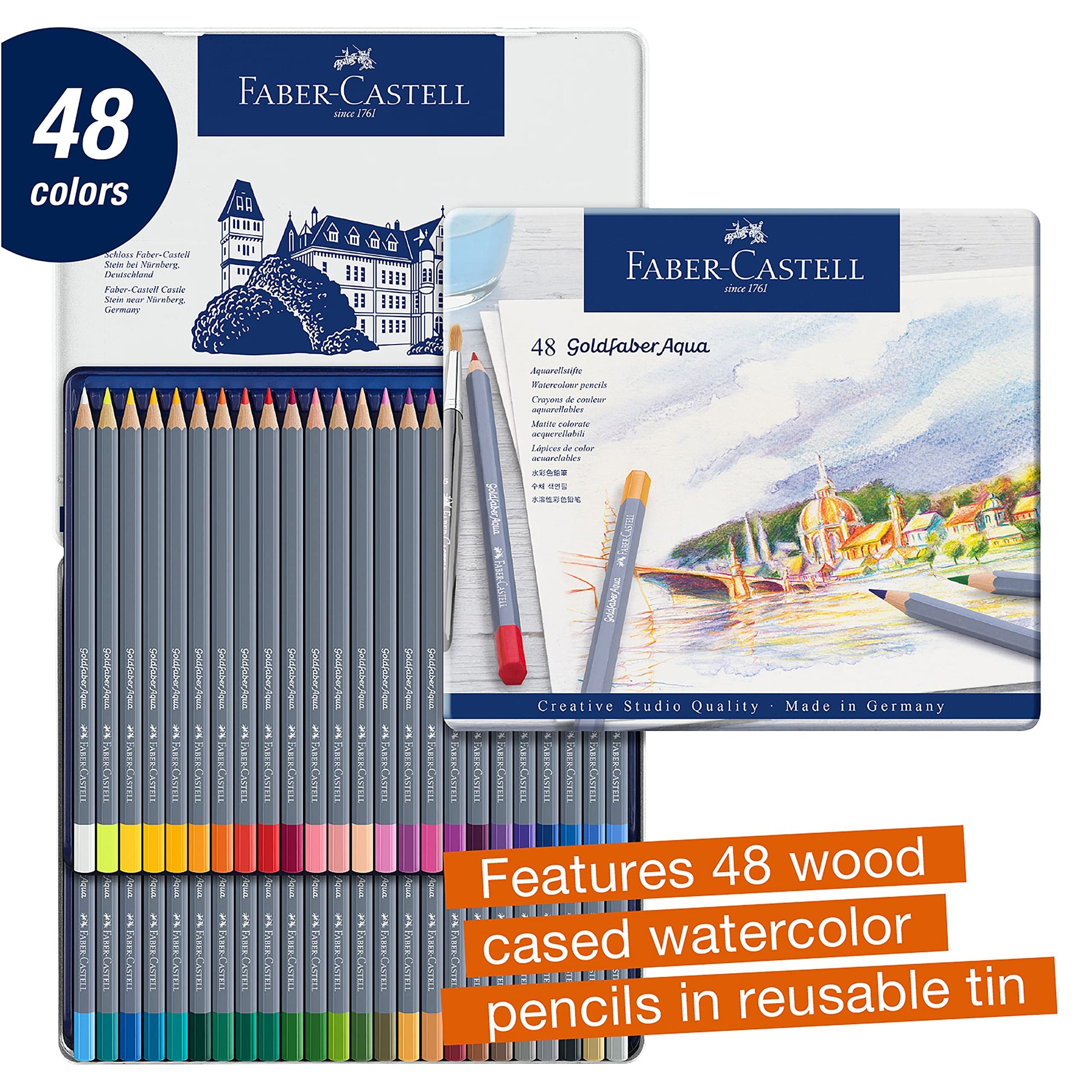 Faber-Castell Colores Goldfaber Acuarelables Para Arte con 48 Distintos Colores, estos lápices acuarelables permiten crear dibujos detallados como efectos acuarelados teniendo una experiencia creativa