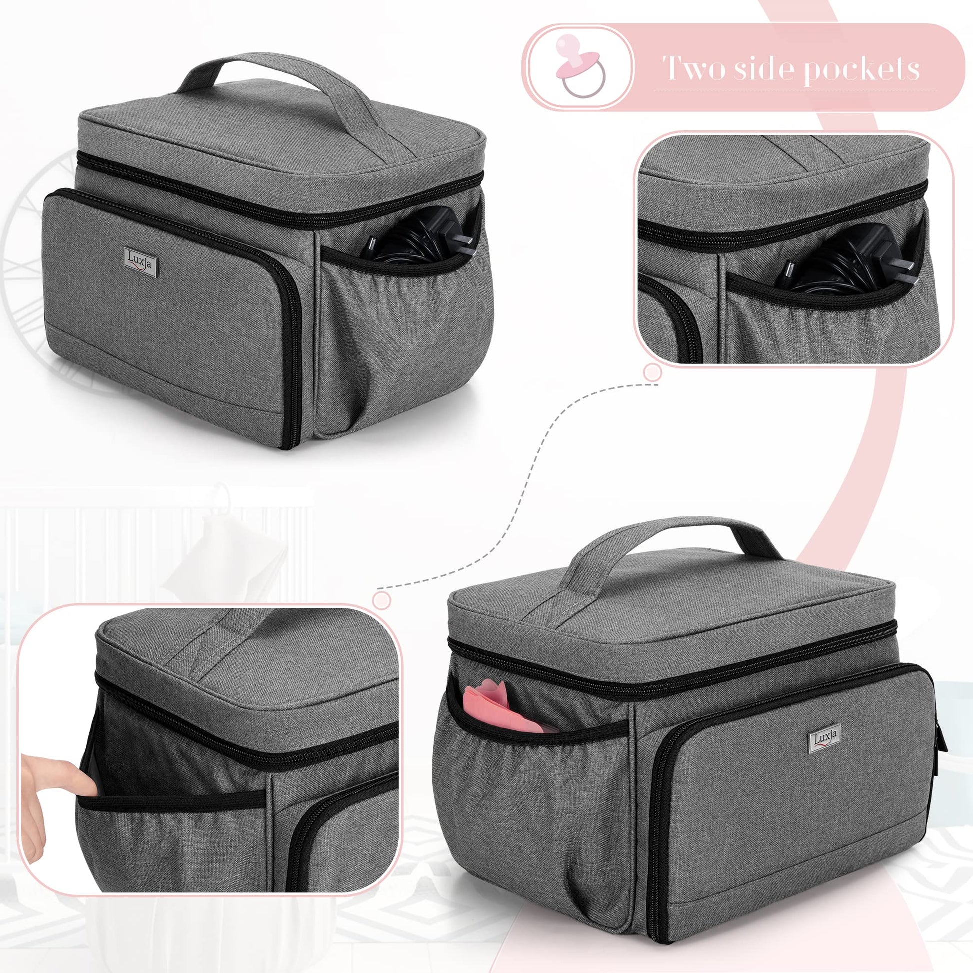 Luxja - Bolsa para extractor de leche compatible con Spectra S1 y S2, bolsa de bombeo para extractor de leche y piezas adicionales (adecuada para uso doméstico o de viaje), gris (pendiente de patente)