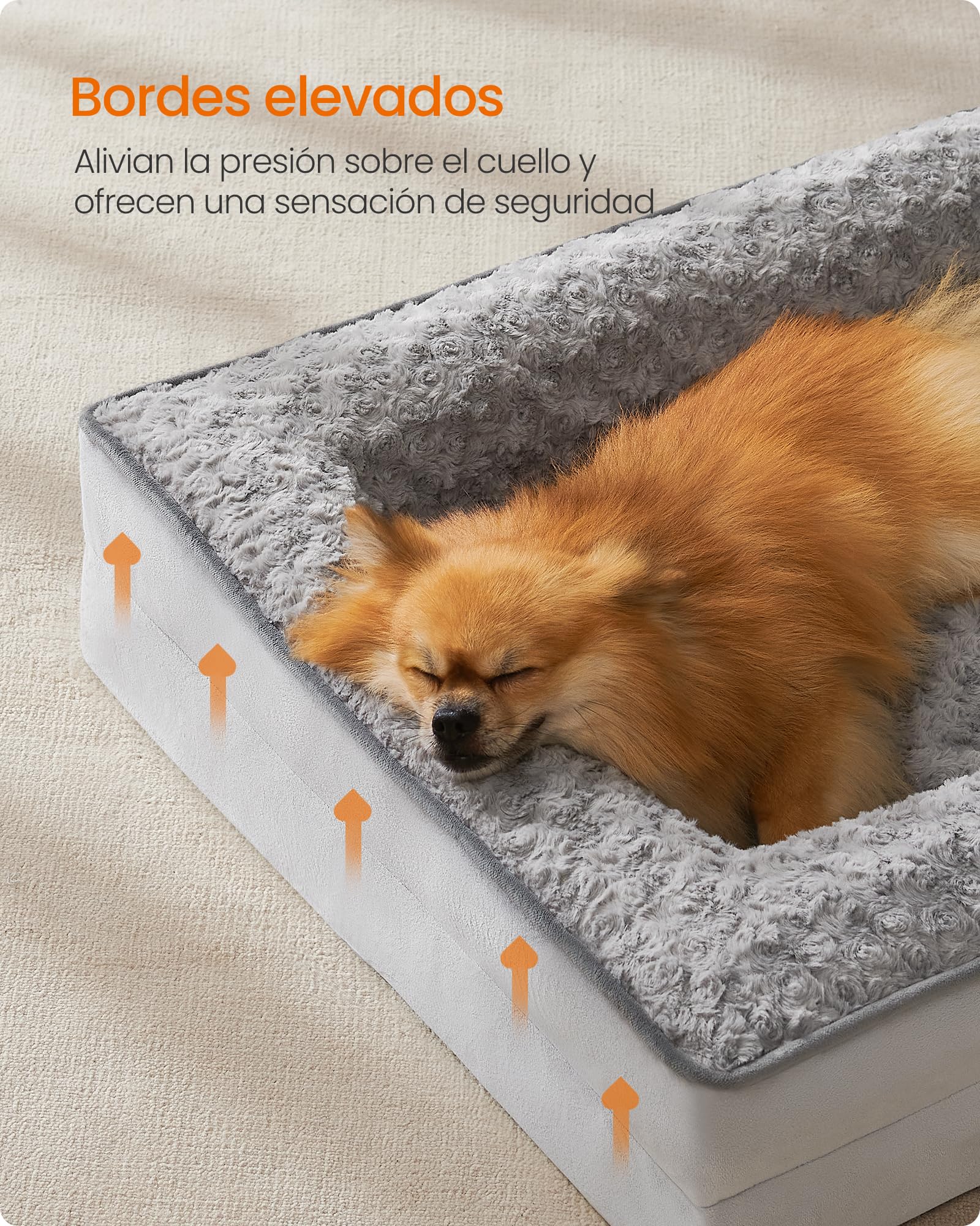 Feandrea Cama para Perros, Cama para Mascotas, 71 x 58 x 16 cm, Ortopédica con Espuma Corrugada, Funda Extraíble con Motivo Rosa de Peluche, Bordes Elevados Acolchados, Gris Paloma MPGW251G01