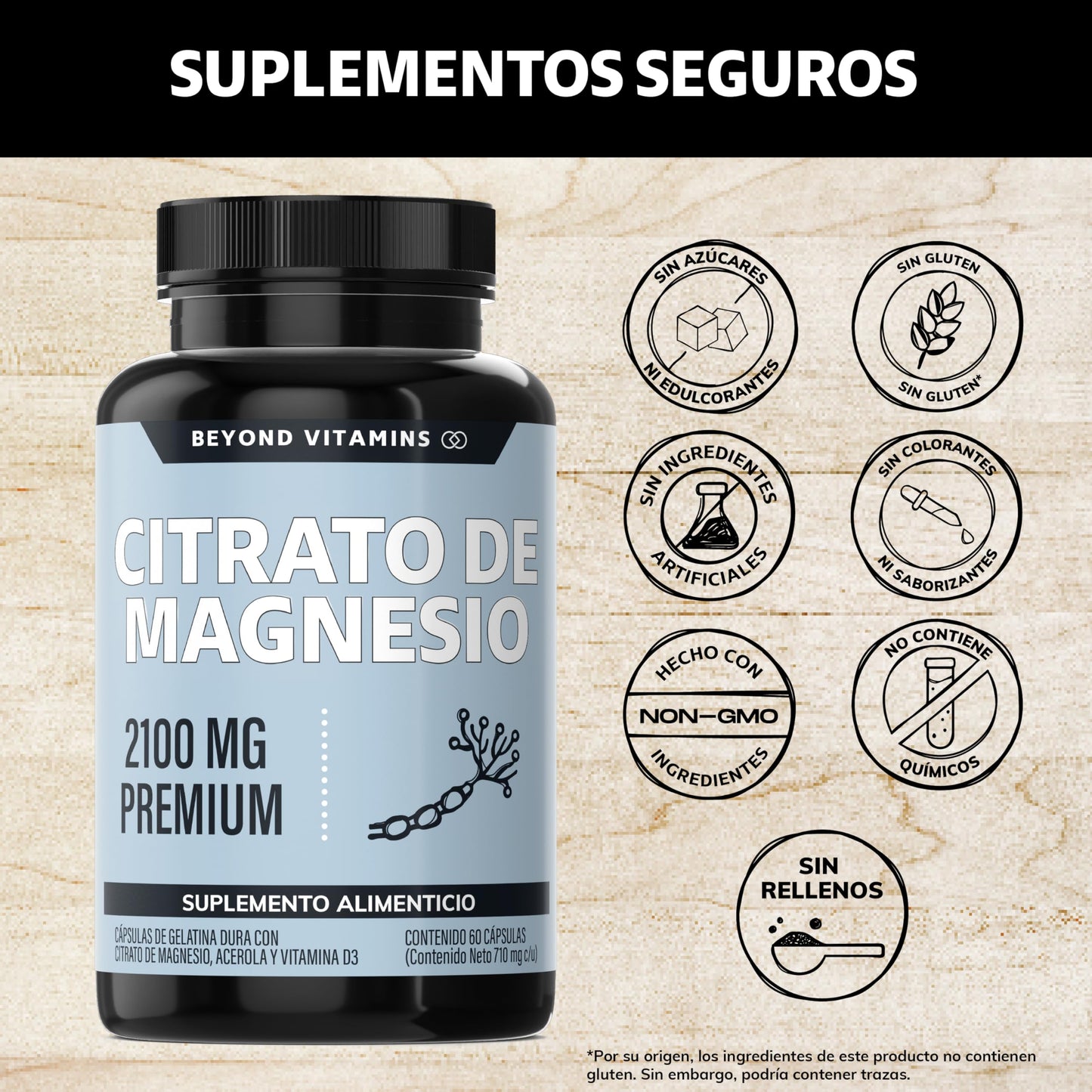 Beyond Vitamins | Citrato de Magnesio 2100mg | Citrato de Magnesio sin rellenos | Suplemento alimenticio de Magnesium Citrate | 60 caps