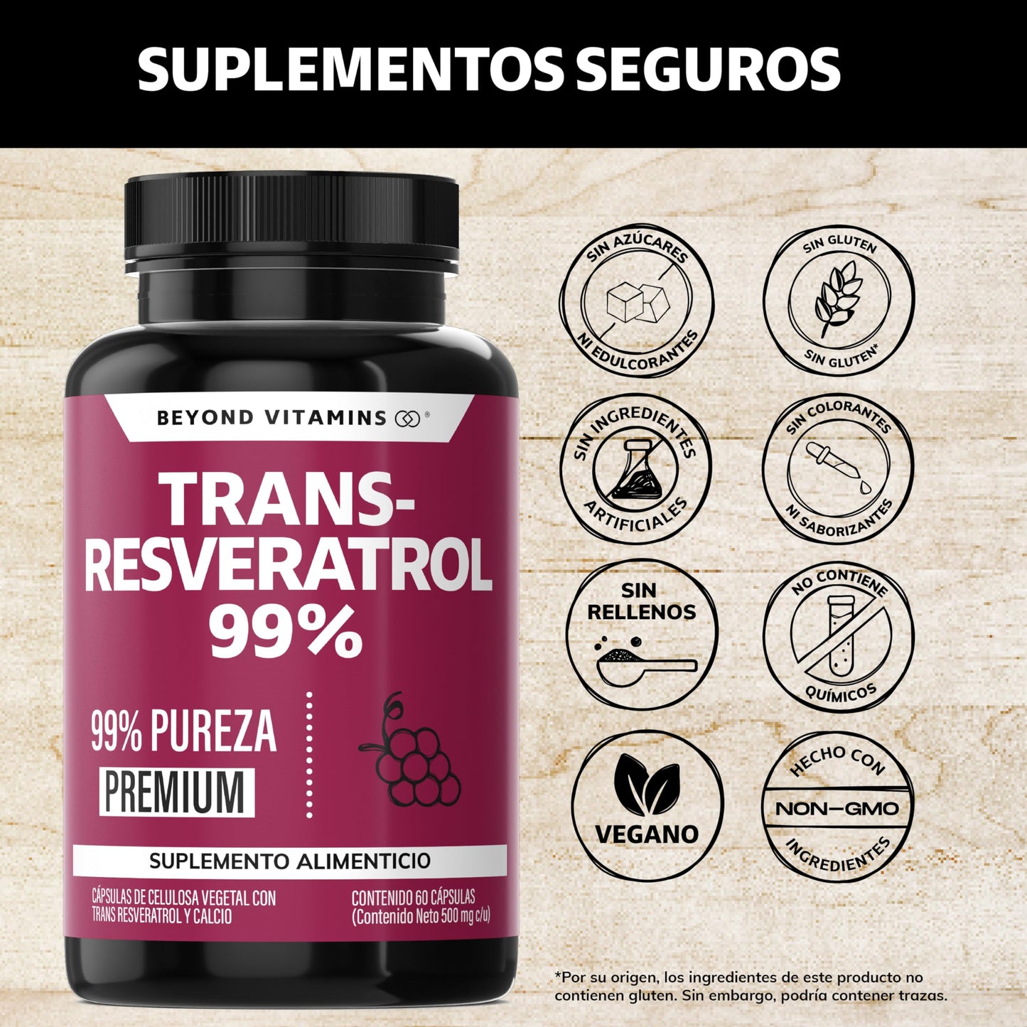 Cápsulas Veganas Beyond Vitamins Blanco Alta Concentración de Resveratrol Calidad Premium 2 Meses