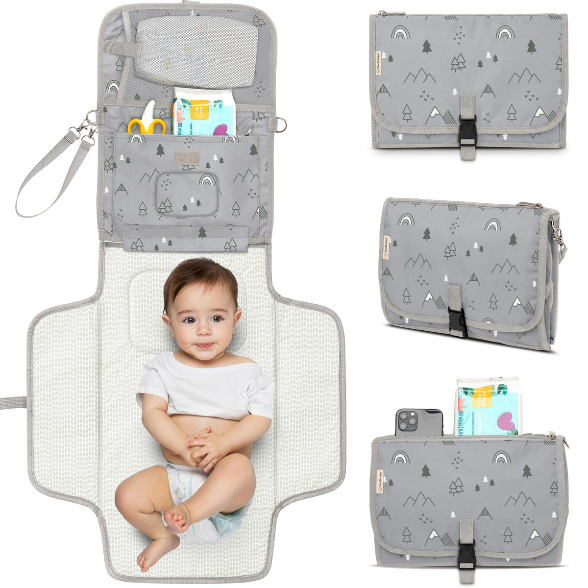 KeaBabies - Cambiador portátil para pañales – Cambiador grande impermeable para bebé, embrague de pañales de viaje compacto, gris, plástico, mat