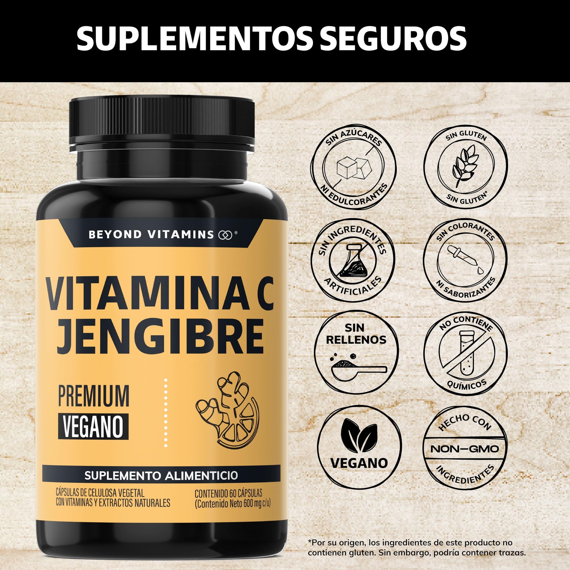 Beyond Vitamins | Vitamina C potenciada con antioxidantes y anti-inflamatorios, Jengibre, Equinácea, Ajo, Orégano, Zinc y Vitamina D3, Cápsulas veganas (60 Cápsulas)