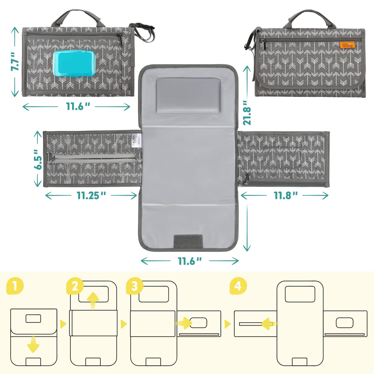 Kopi Baby - Cambiador de pañales portátil para bebé, bolsa de viaje con bolsillo para toallitas, tapete cambiador portátil de diseño inteligente, kit de estación de viaje para bebés, regalo para niñas