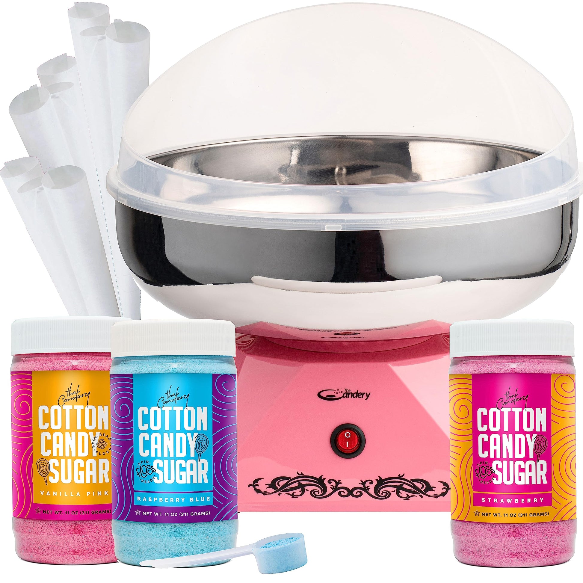 La máquina de algodón de caramelo Candery con tazón de acero inoxidable 2.0 y paquete de hilo dental, uso para usar hilo dental de azúcar para fiestas de cumpleaños, ferias – incluye 3 sabores de