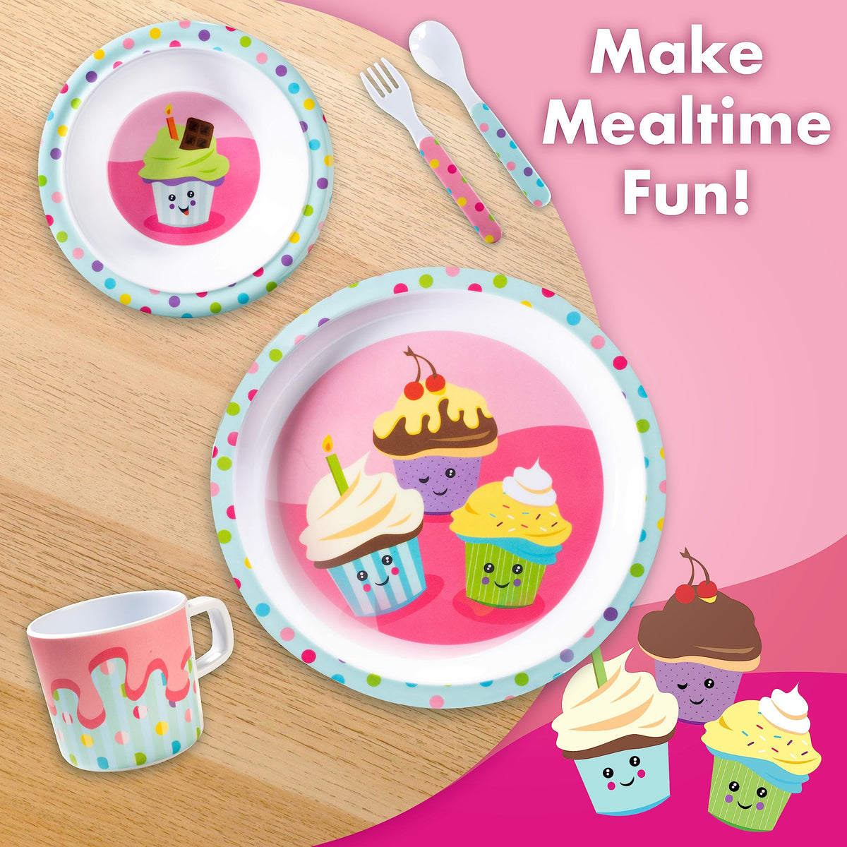 Juego de 5 piezas de alimentación para niños y niños pequeños – Cupcake – Incluye plato, tazón, taza, tenedor y cuchara, utensilios de cubiertos – Duradero, apto para lavaplatos, última intervensión
