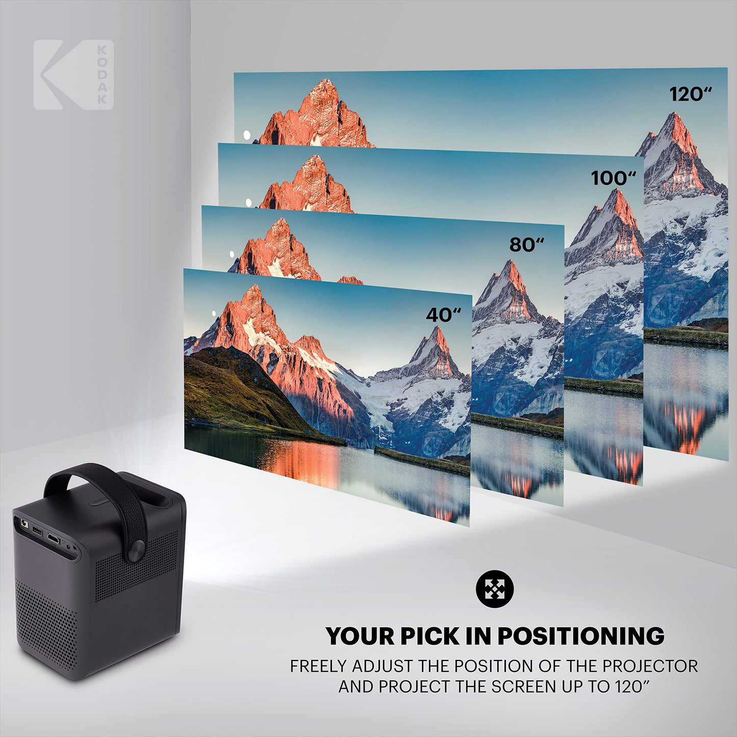 KODAK FLIK HD9 Proyector inteligente | Mini película portátil negra para interiores y exteriores con aplicaciones de transmisión de TV Android, Wi-Fi y Bluetooth, altavoces integrados y control remoto de voz, FHD 1080p para pantallas de hasta 120 pulgadas