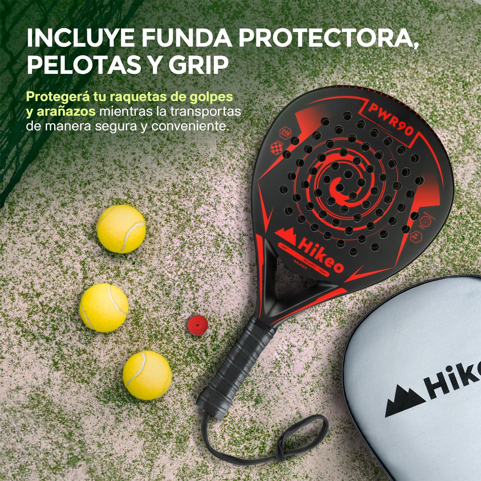 Hikeo Pala de Pádel con Funda, 3 Pelotas y Grip, Kit de Raqueta para Pádel Fabricada con Espuma EVA Flexible y 100% Fibra de Carbono, Resistente y Ligera, para Principiantes e Intermedios